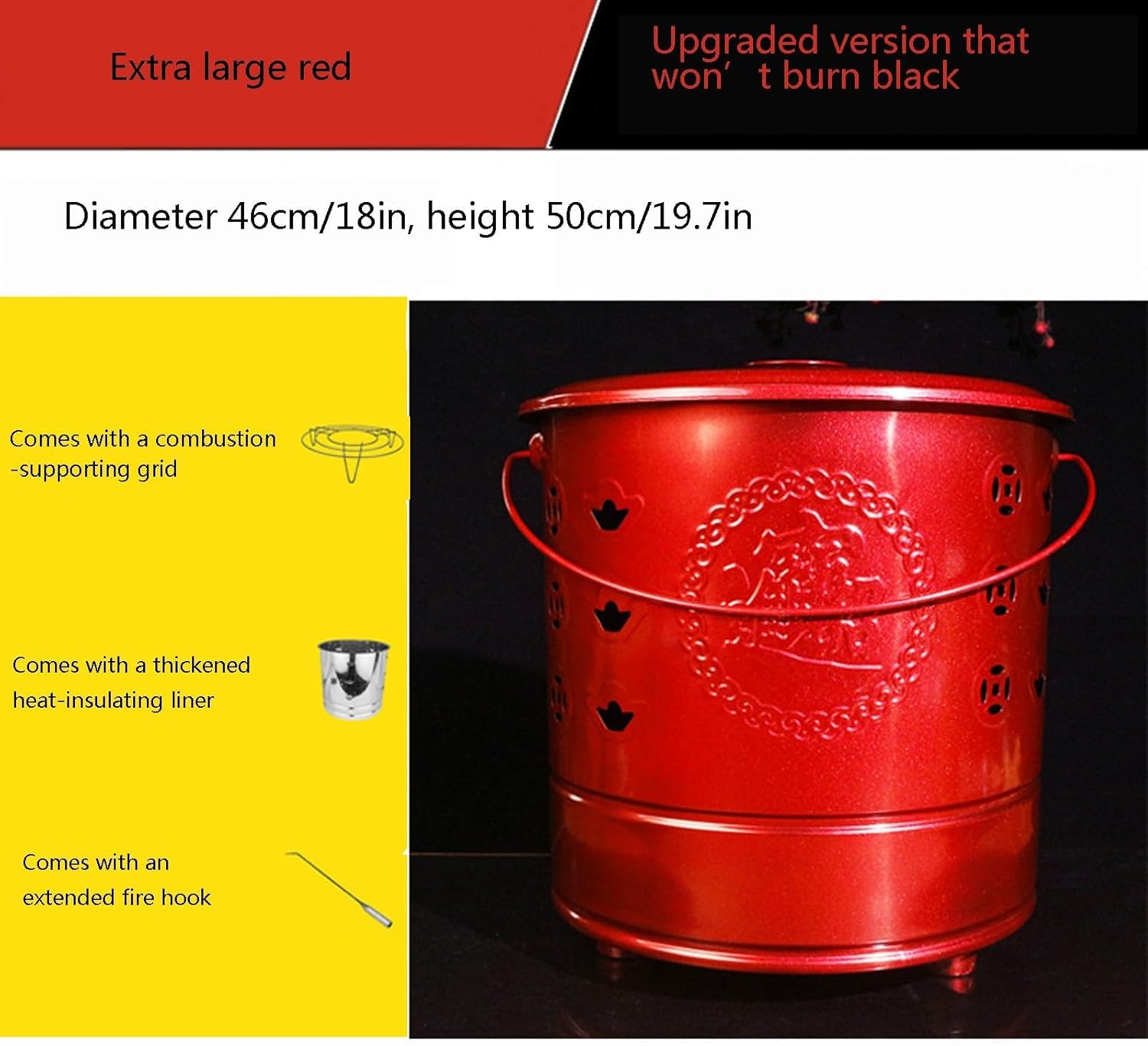 Stainless Steel Incinerator Cage with Lid, Stainless Steel Burn Barrel Incinerator, Burning Fire Bin, Burning Barrel, Including Grid Frame, Fire Hook, Liner (Red, Extra Large Plus)