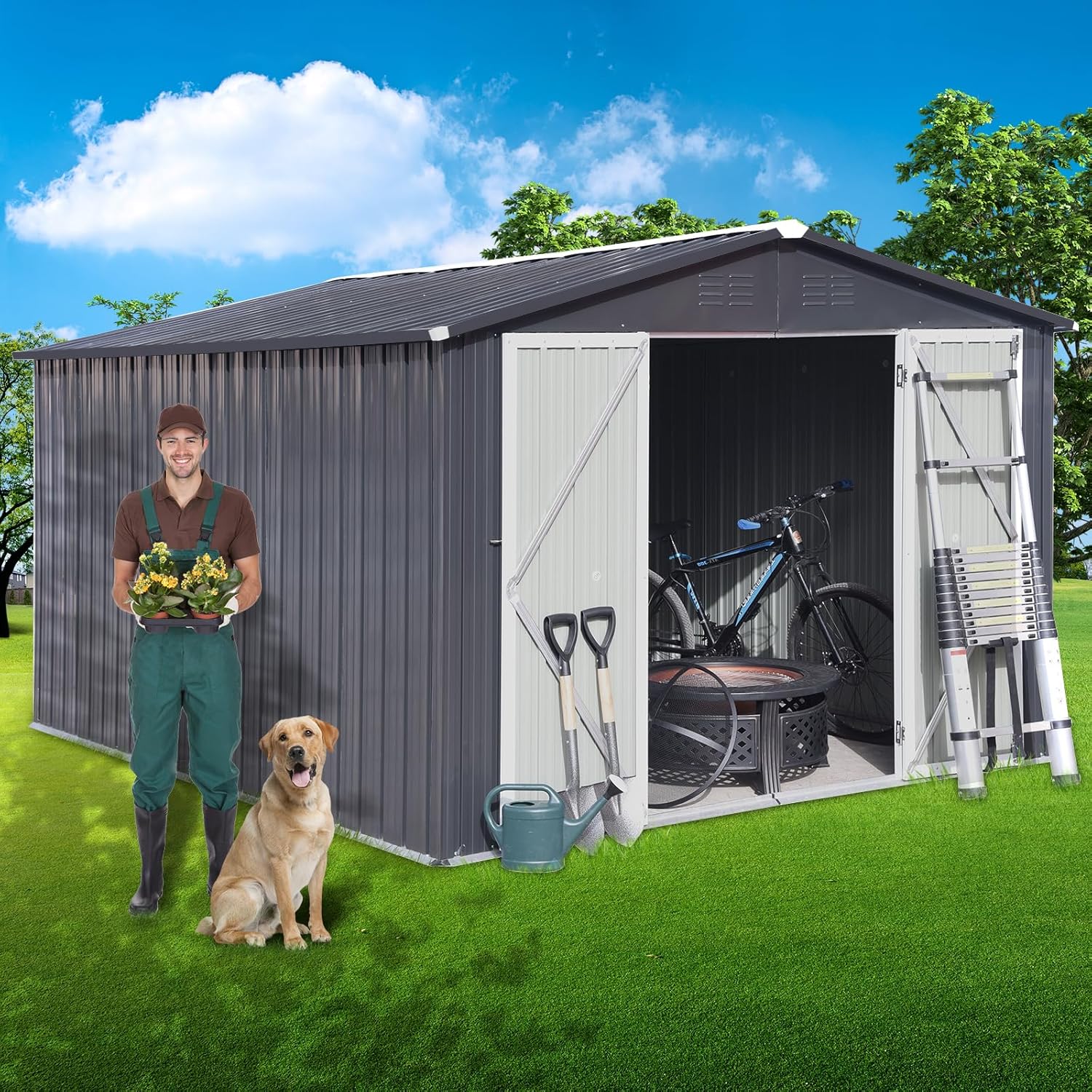 WILLIAMSPACE 10 x 8 FT Outdoor Steel Storage Shed, All Weather Metal Sheds with Lockable Door & 2 Vents, Patio Furniture Storage House for Garden, Backyard, Barn and Tool Storage - Dark Grey