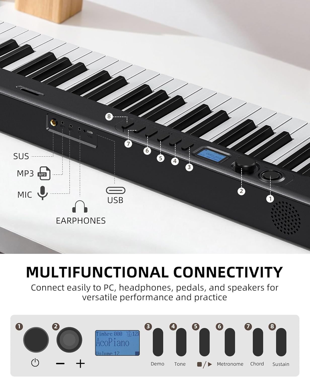 LEKATO Portable 88 Keys Electric Piano Keyboard, Foldable Digital Piano with Full Size Semi-Weighted Velocity Keys, Wood Grain, Learning Mode, LCD Screen, Bluetooth USB Midi, for Beginners Home Travel