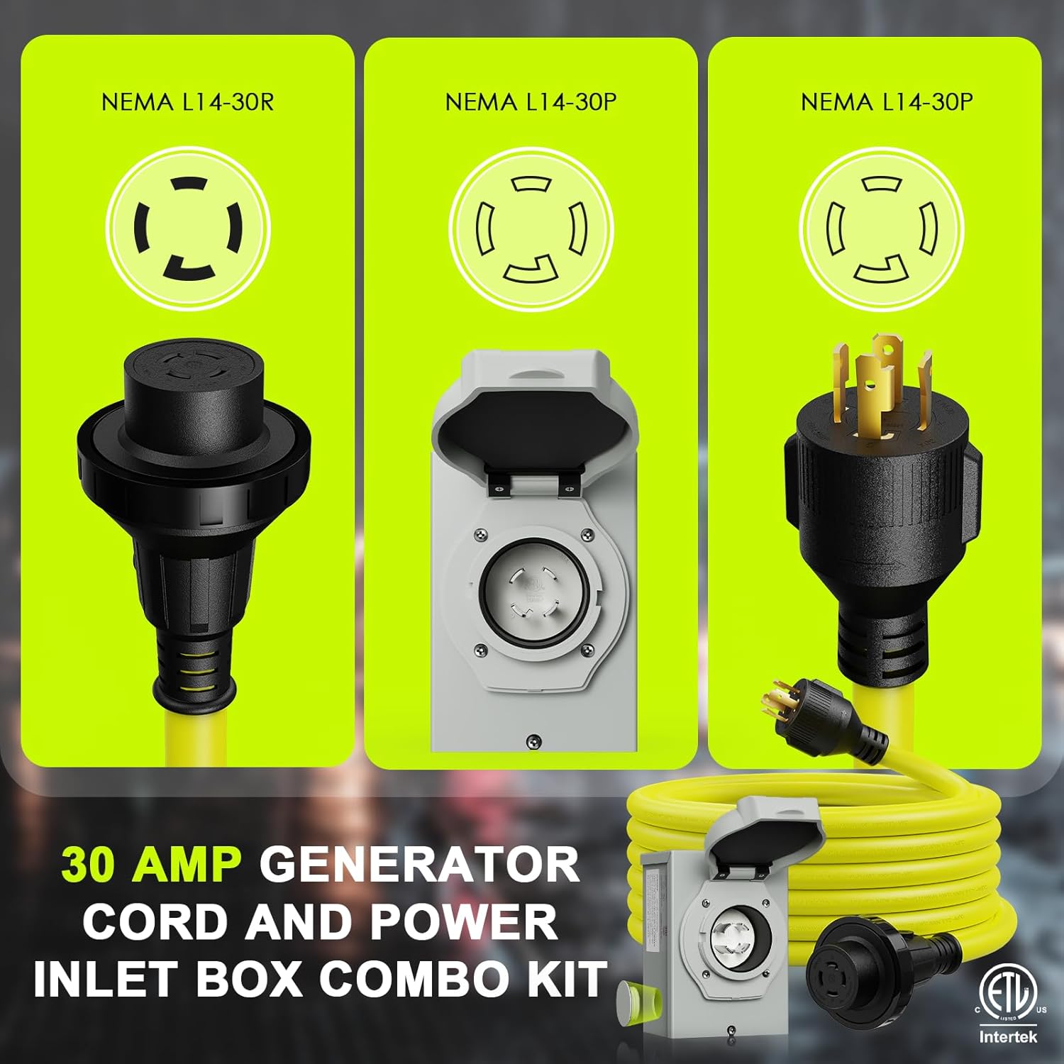30 Amp Generator Cord 25FT and Power Inlet Box, NEMA L14-30P/L14-30R 125/250V Twist Lock Connector with Pre-Drilled NEMA L14-30P Generator Inlet Box for Generator to House, ETL Listed
