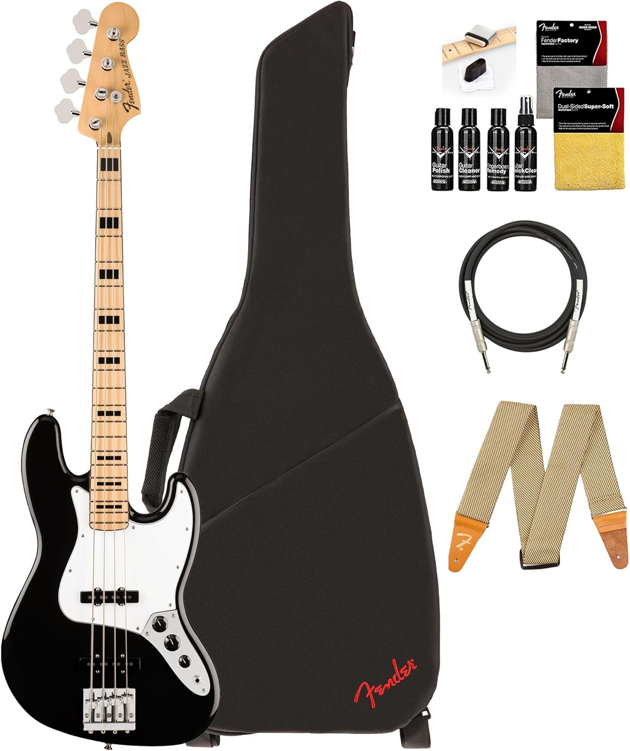 Fender Geddy Lee Jazz Bass- Black Bundle with Gig Bag, Strap, Cable, and Guitar Cleaning Kit