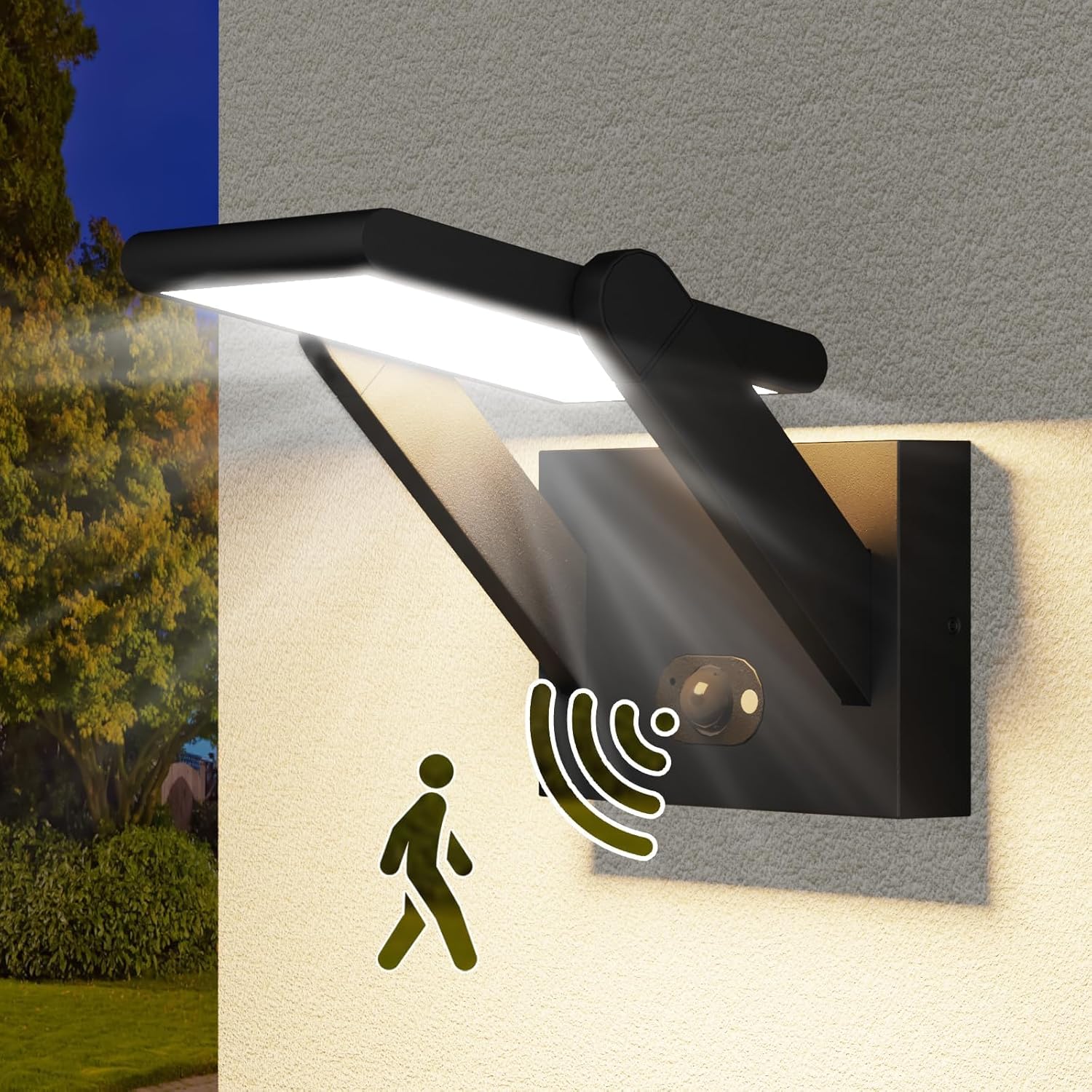 Solar Outdoor Motion Sensor Wall Light, LED Dimmable Modern Exterior Lights Fixtures, Rotatable and 3 Lighting Modes Aluminum IP65 Waterproof Fixture for Porch Patio Garden Garage Front