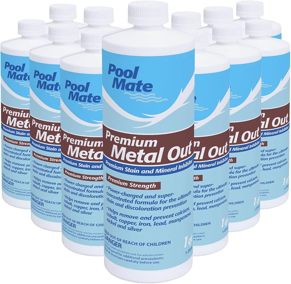 Pool Mate 1-Quart 12-Pack Premium Metal Out Stain and Mineral Inhibitor, Pool Metal Remover, Stain Remover, Made in USA