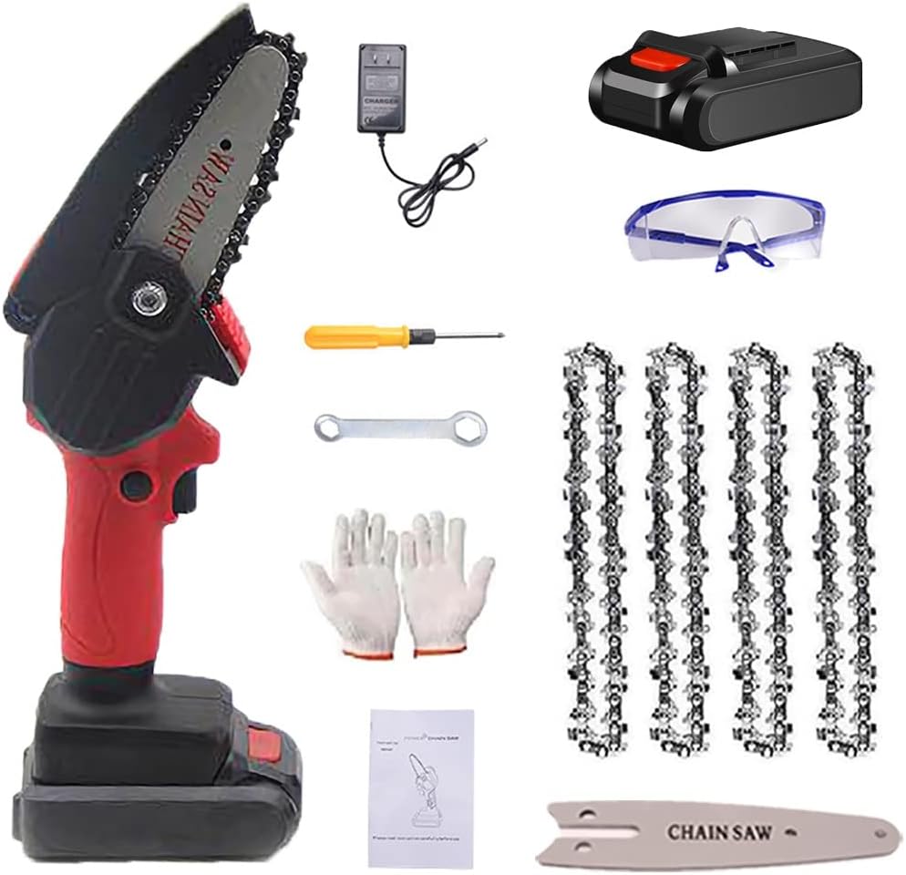 Mini Chainsaw,4 Inch Mini Chainsaw Cordless,One-Hand Chainsaw, Electric Chainsaw,Handheld Mini Chainsaw,Cordless Power Chain Saws with Security Lock (Color : Red, Battery *1 : 4*Chain)