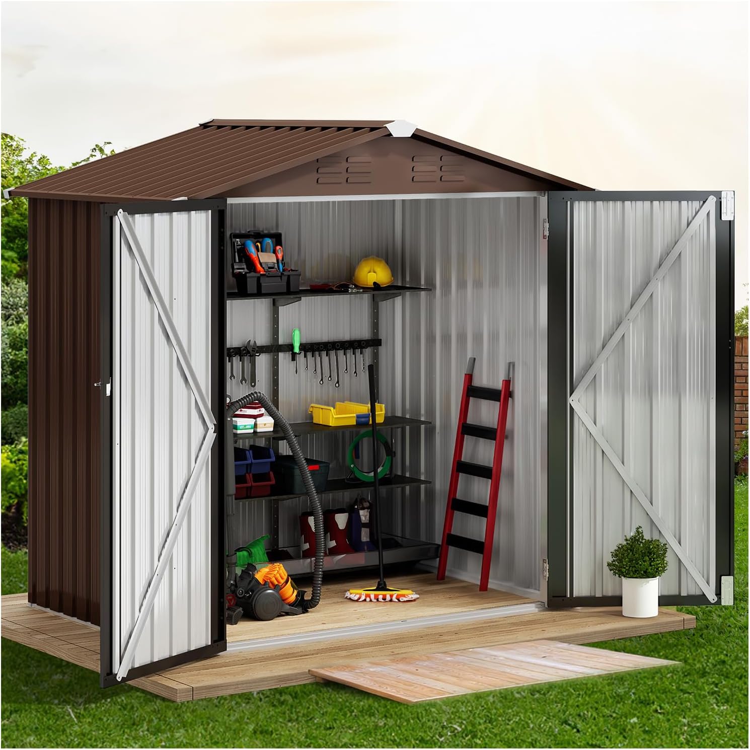 New Two Tone Brown and Silver 6x4 FT Outdoor Large Storage Shed Metal Tool Sheds Heavy Duty Hinged Doors Lockable House Patio Tool Garden Waterproof All Weather Rust Protect 92.5