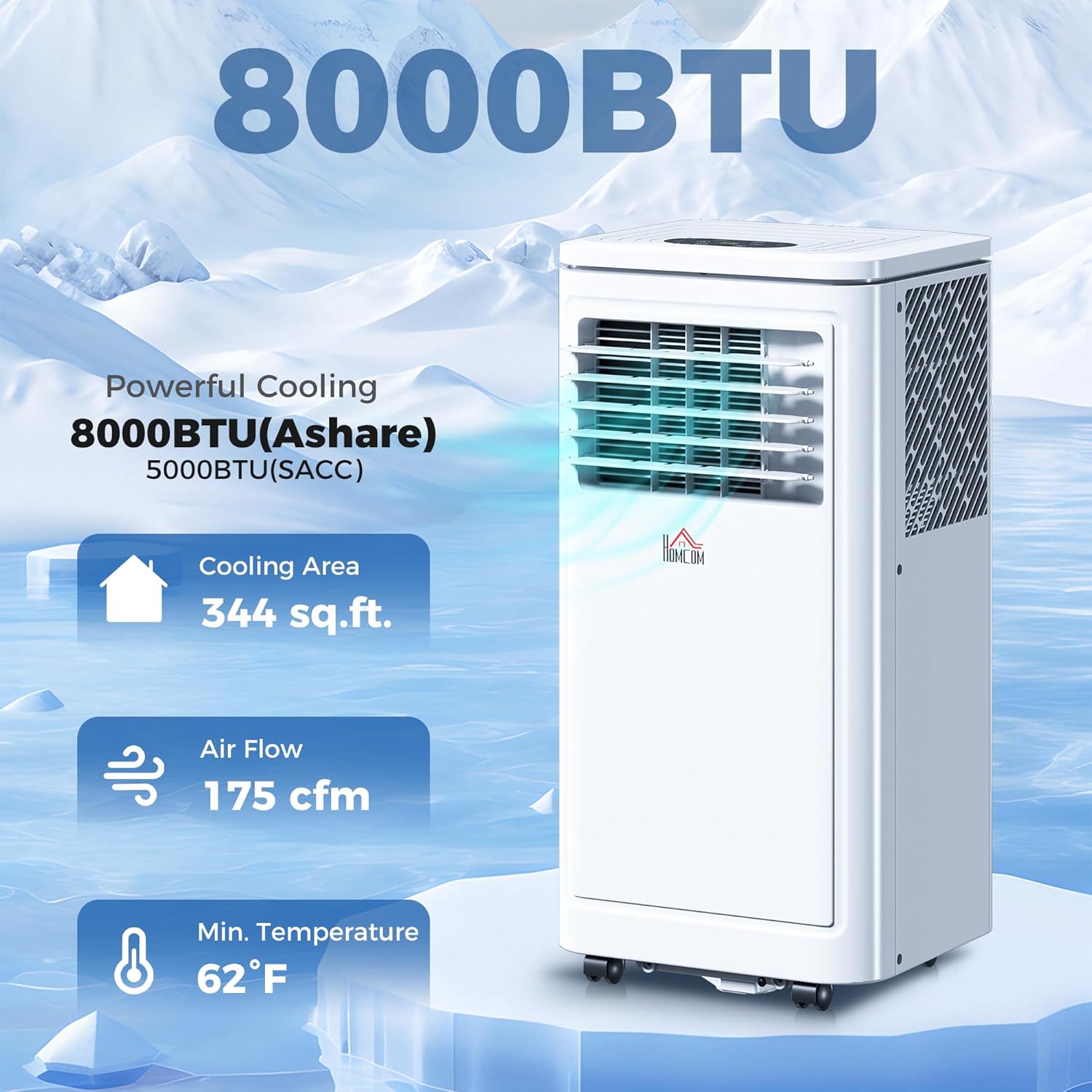 HOMCOM 8000 BTU Portable Air Conditioner, for Rooms Up to 344 Sq. Ft., 3-in-1 Portable AC Unit with Dehumidifier, Cooling Fan, Sleep, 24H Timer On/off, Remote, Window Installation Kits, White