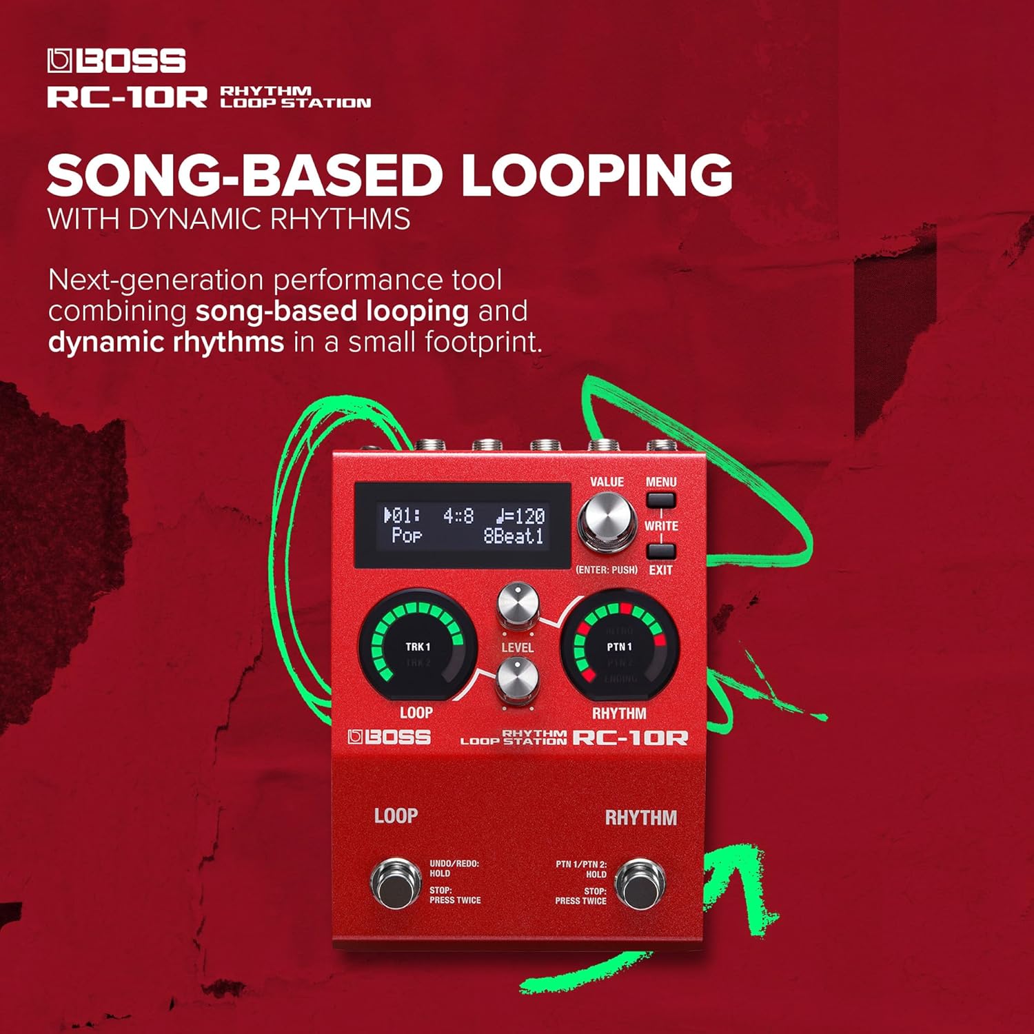 BOSS RC-10R Rhythm Loop Station | Song-Based Looping & Dynamic Rhythms in a Small Footprint | 280 Preset Styles | 16 Versatile Drum Kits | 2-Track Operation | Expanded Control Support | Full MIDI I/O