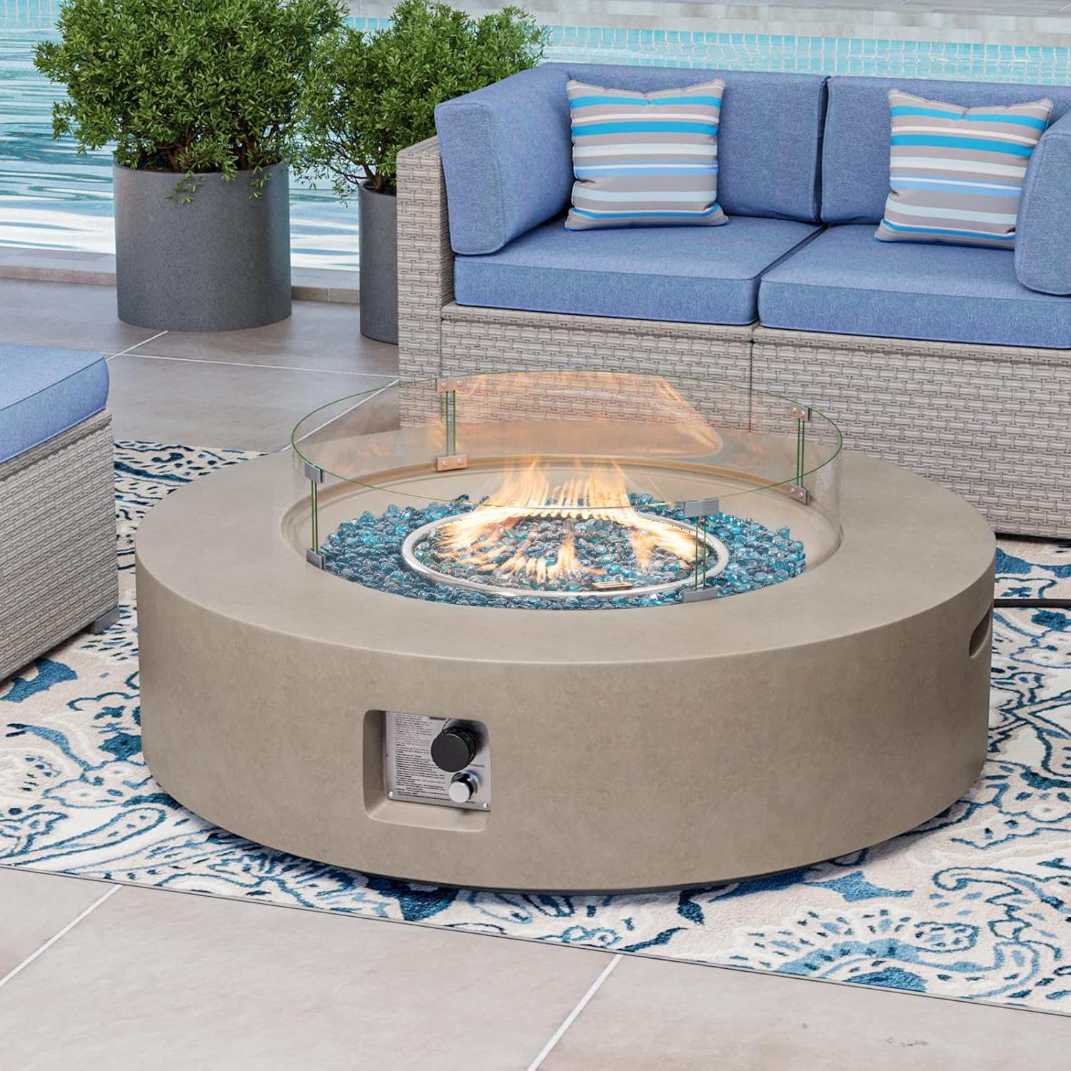 COSIEST Outdoor Propane Fire Pit Coffee Table w Gray 40.5-inch Round Base Patio Heater, Certified, 50,000 BTU Stainless Steel Burner, Wind Guard, Aqua Blue Fire Glass, Rain Cover