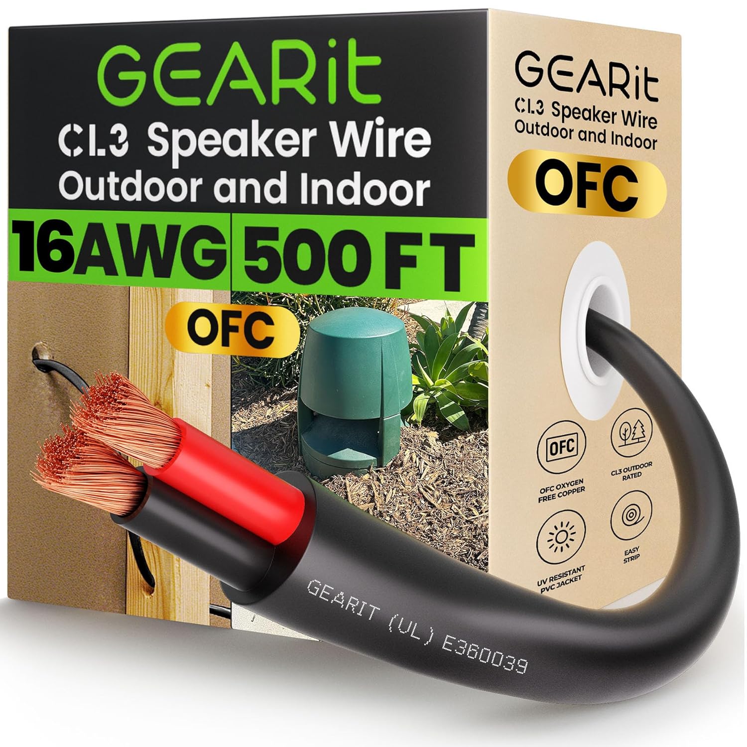 GearIT 16/2 Speaker Wire (500 Feet) 16AWG Gauge - Outdoor Direct Burial in Ground/in Wall / CL3 CL2 Rated / 2 Conductors - OFC Oxygen-Free Copper, Black 500ft