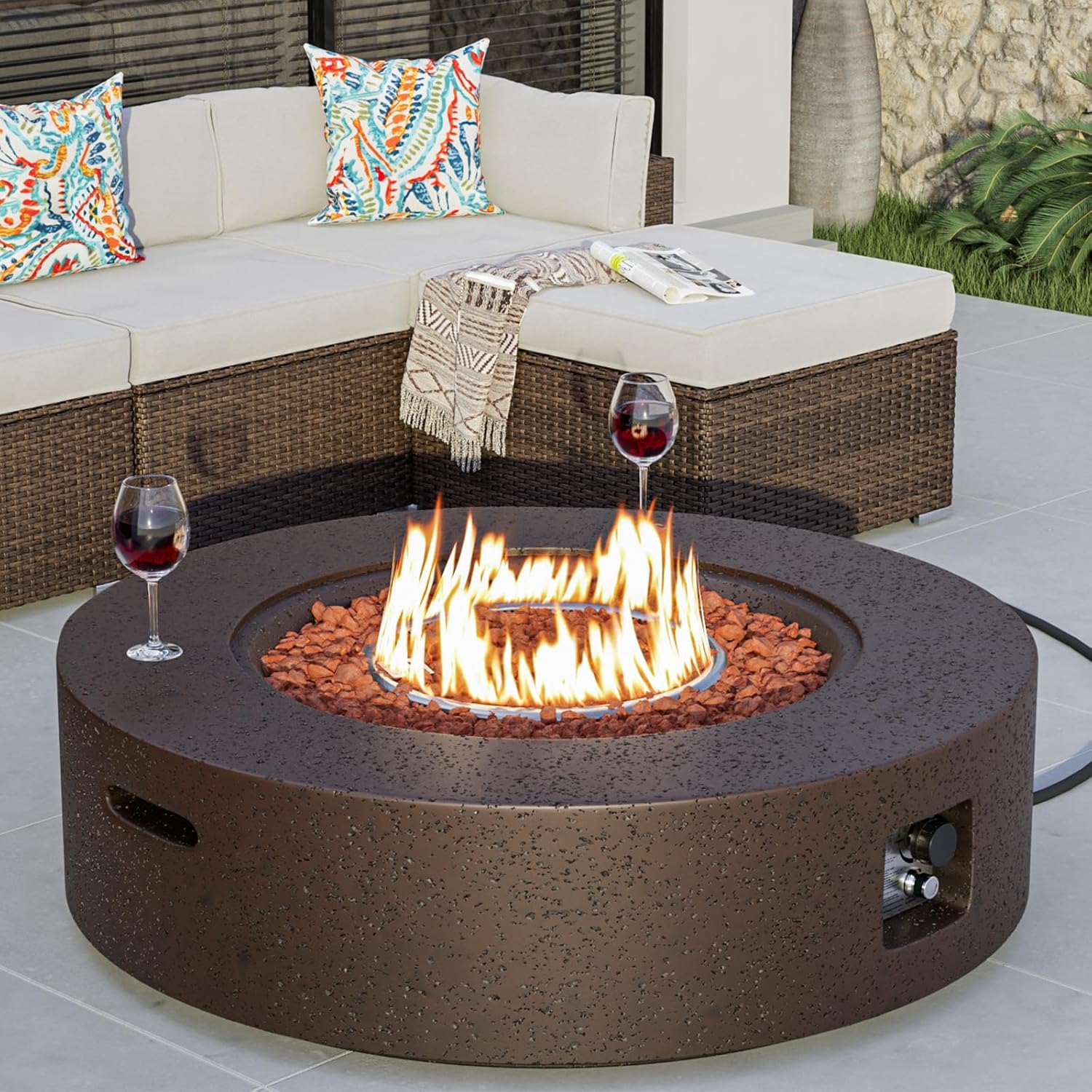 SUNBURY 42 inches Round Propane Outdoor Fire Pit, Gas Patio Fire Table 50,000 BTU Concrete Travertine Design, Circular Base Firepit with Lava Rocks, Waterproof Cover (Brown)