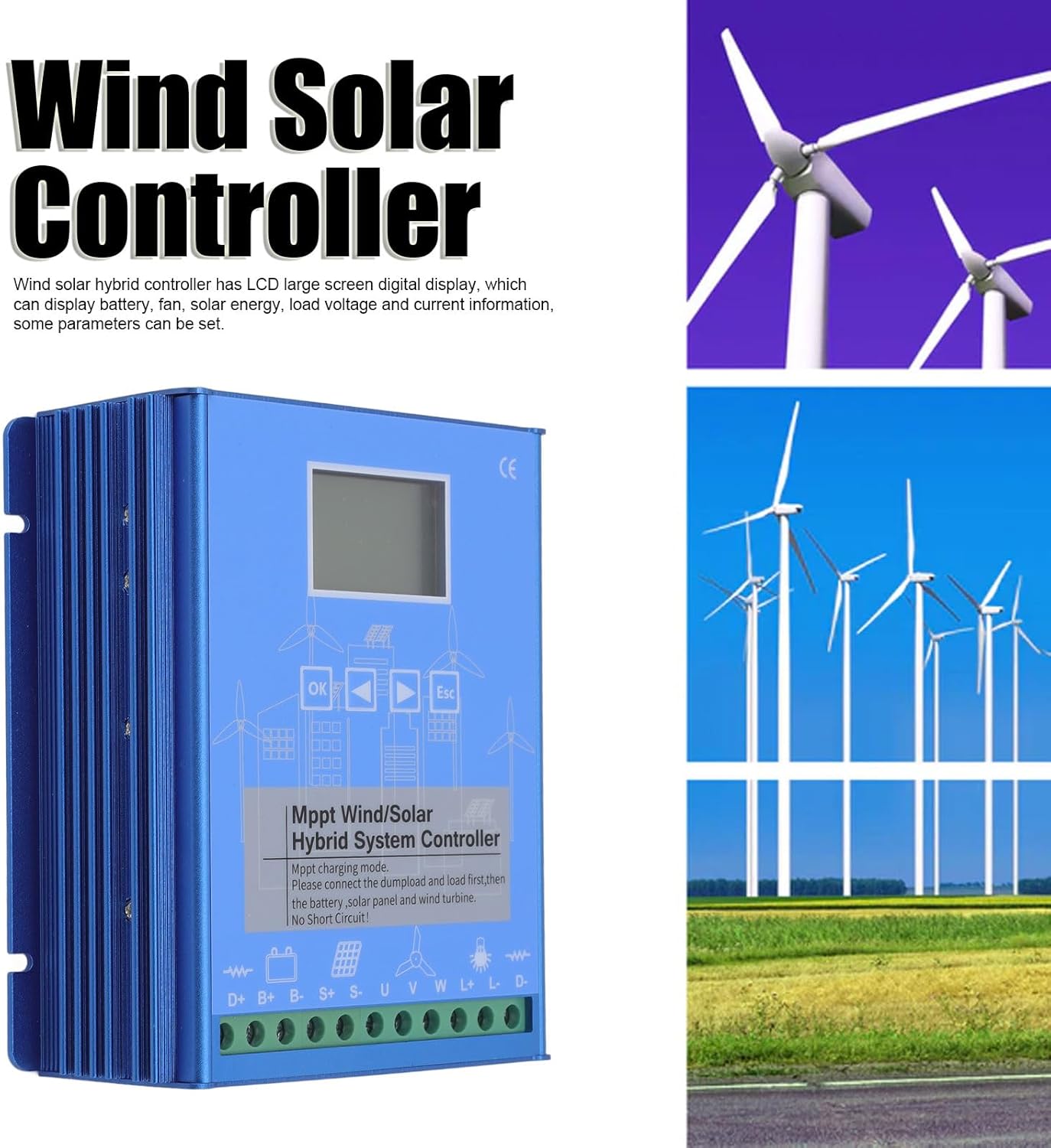 Garosa Wind Solar Hybrid Controller LCD Display MPPT Boost Charging Multifunctional 12V 24V Wind Solar Controller for Off Grid Power System Aluminum Heat Dissipation and Self Cooling