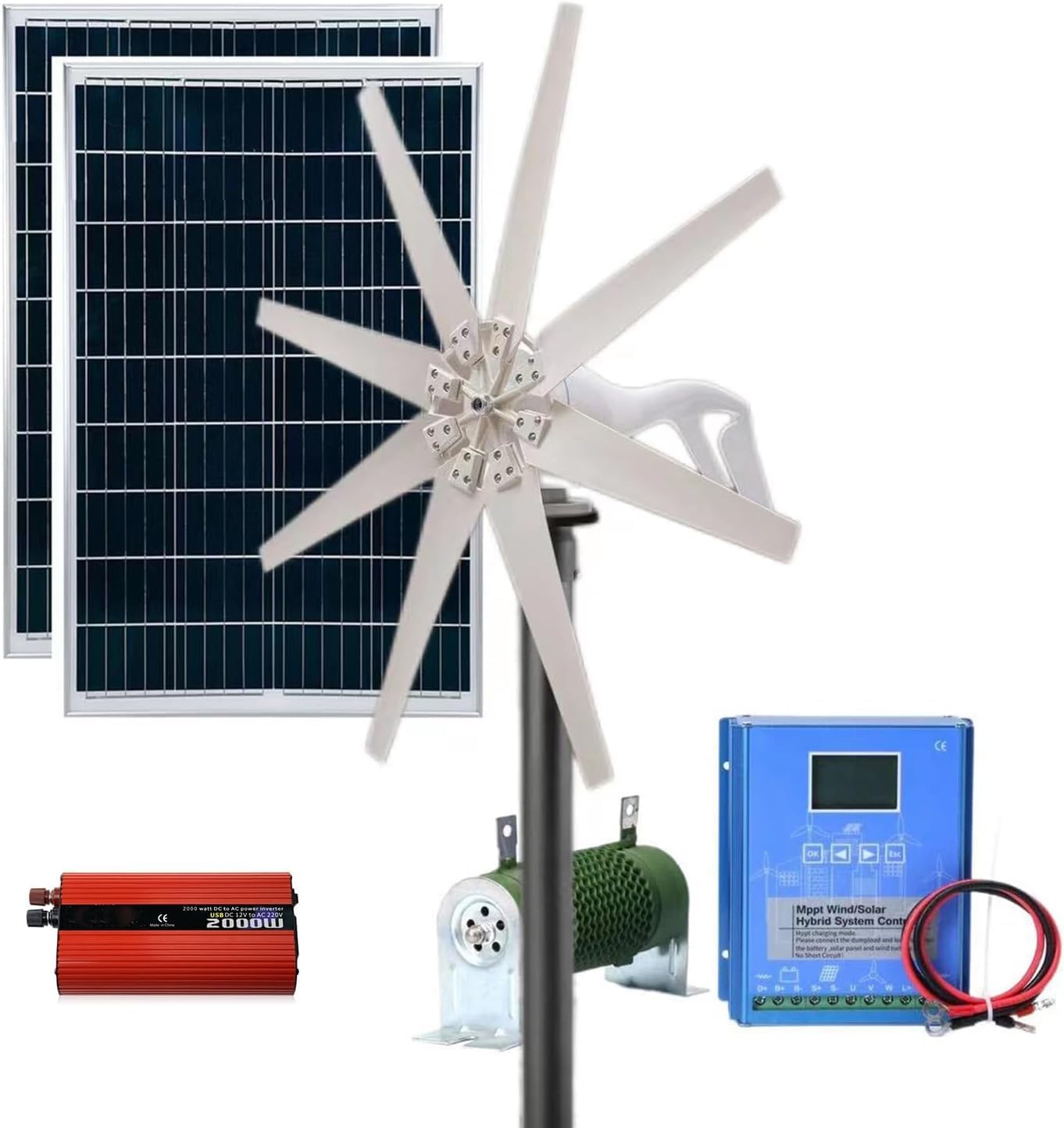 CAJUCA 8000W Wind Turbine Generator Kit+ Intelligent Controller + 100W *2 Solar PV Panel + 2000W Inverter