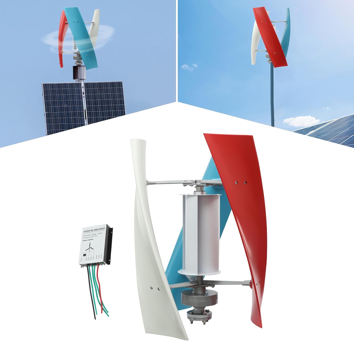 Wind Turbine Generator Kit, 500W 12V 3 Blade Vertical Wind Power Turbine Generator with Auxiliary Wind Wheel & Charge Controller, for Marine RV Home Industrial Energy