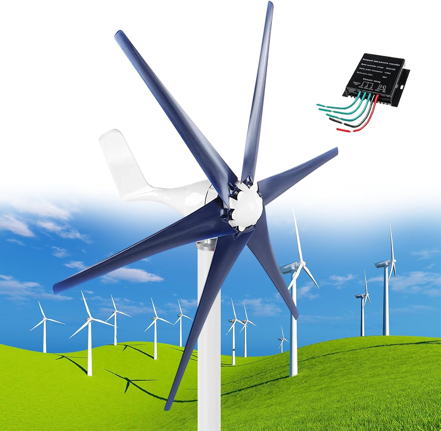 12000W Wind Turbine 12V/24V/48V 5 Blade Wind Vertical Generator 3 Phase AC Permanent Magnet Generator Wind Turbine Kit with Controller, Windmill Generator for Home/Terrace/Chalet/Motor Hom,Navy-48V