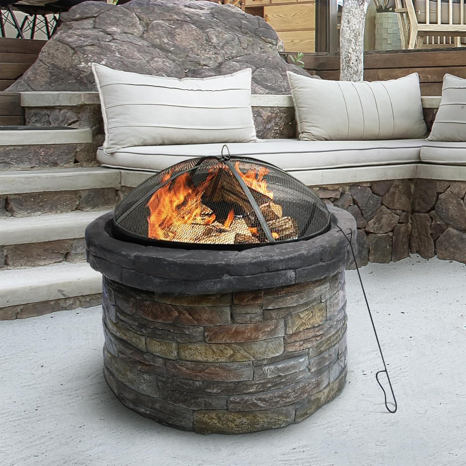 Teamson Home 26.5 in. Round Decorative Faux Slate Stone Outdoor Wood Burning Fire Pit with Spark Screen, Poker and Grill Grate for Self-Contained Fires for Entertaining at Home, Multicolored Stone