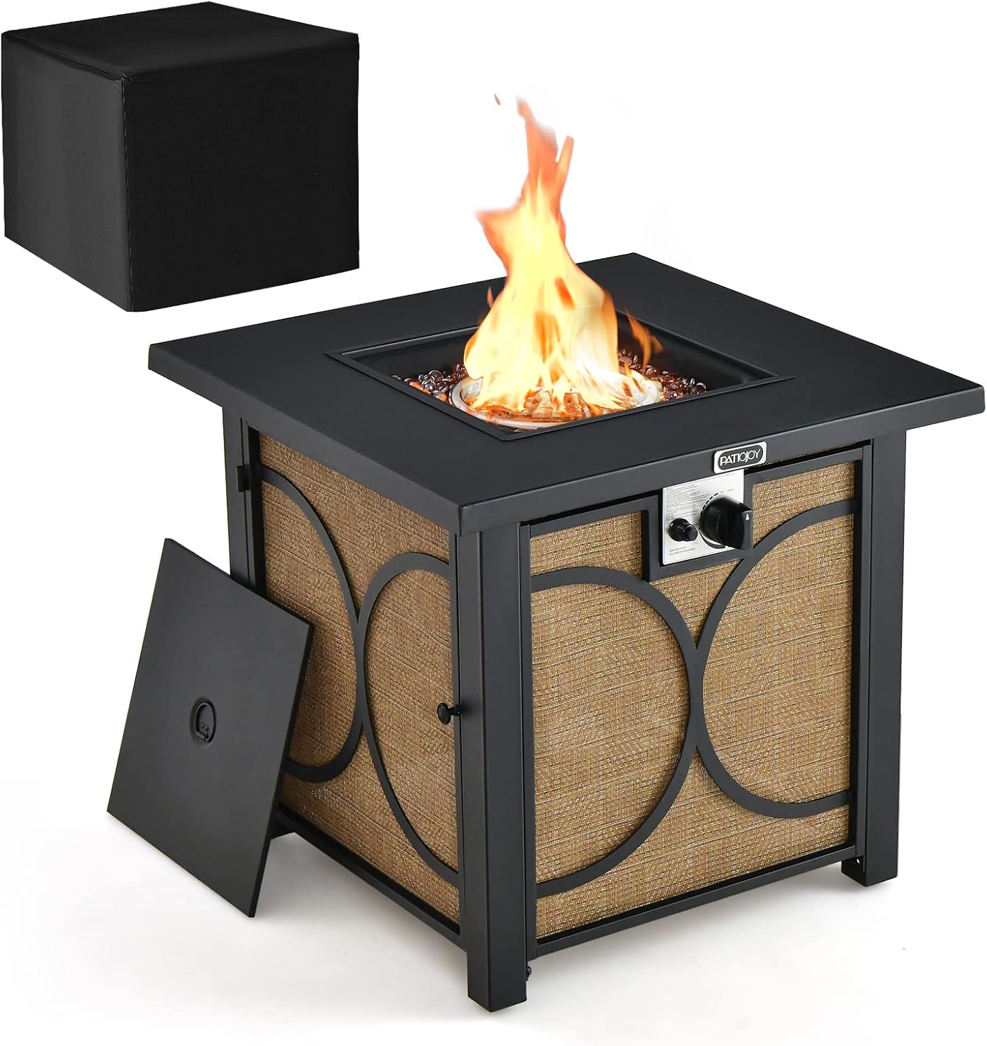 Tangkula 28 Inch Outdoor Square Fire Pit Table, Patiojoy 50,000 BTU Propane Gas Fire Table with Fire Glasses & PVC Protective Cover, Easy Ignition System, Patio Fire Table for Backyard, Poolside