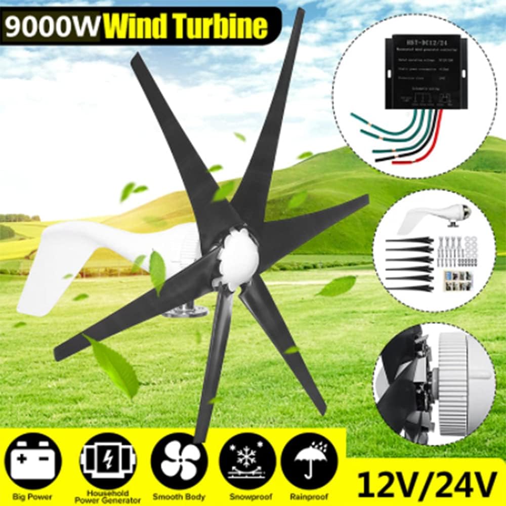 9000W 12V/24V Wind Turbine 6 Blade Horizontal Wind Generator Home Windmill with Charge Controller