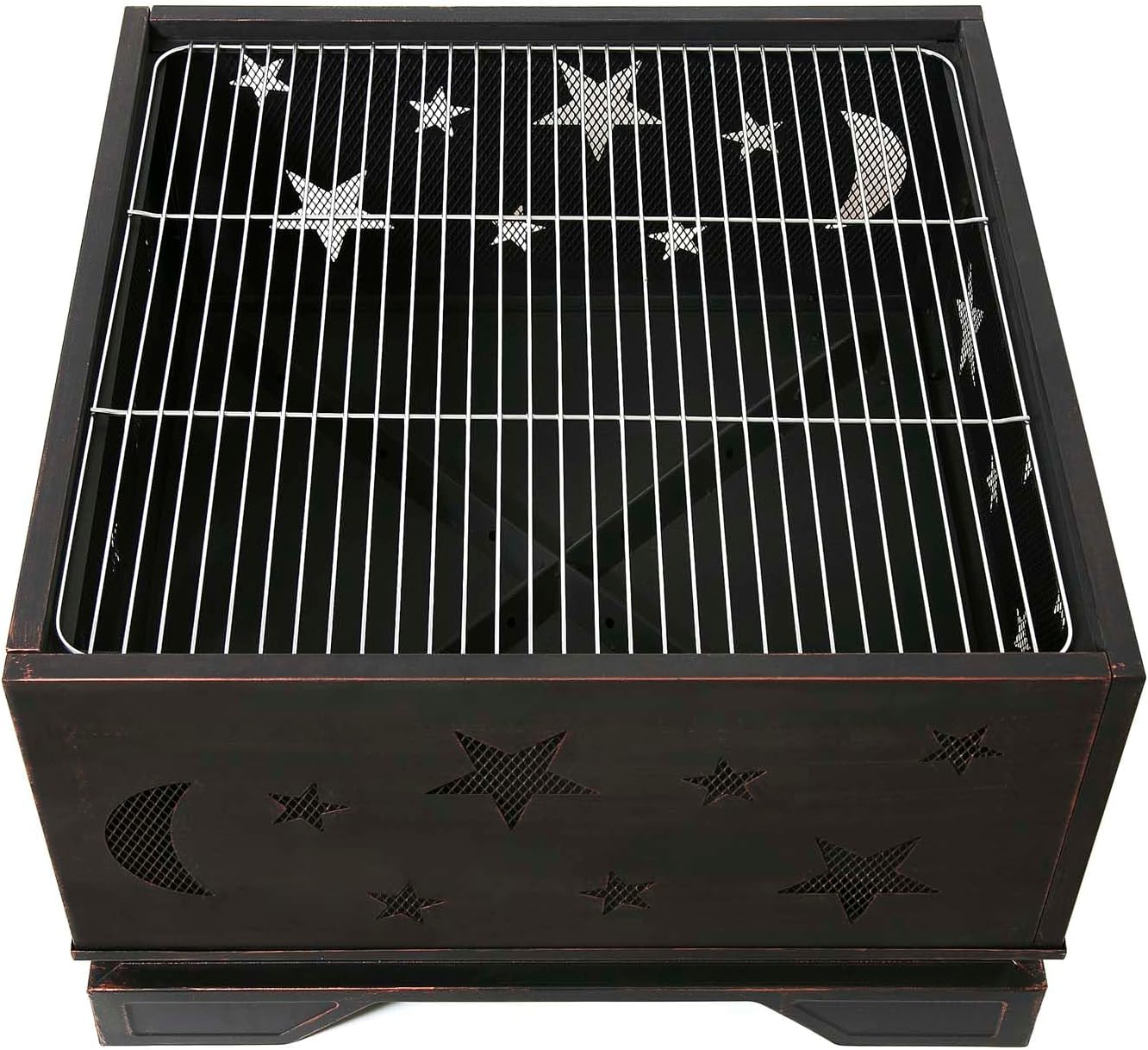 26 Inch Outdoor Fire Pit with BBQ Grill, Portable Square Fire Pit, Wood Burning Fire Pit with Poker, Large Burning Space Fireplace for Patio Garden Camping Backyard Picnic Bonfire