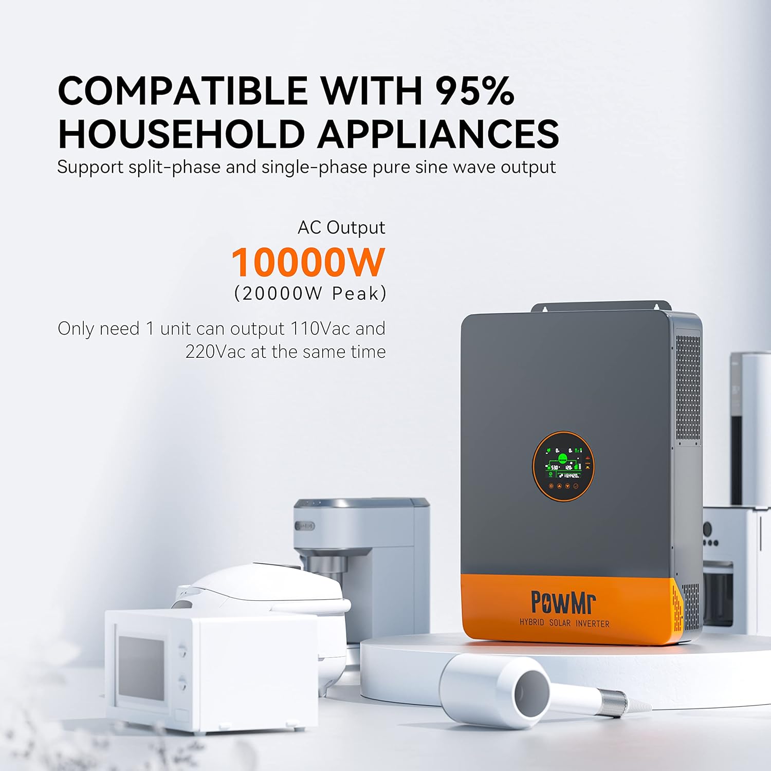 PowMr 10000W Split Phase 48V to 120/240V AC Solar Inverter, UL1741 10KW Inverter with 200Amp MPPT Charge Controller, for 48V Lead Acid, Lithium Battery, User-Define【 Support up to 6 Unit Parallel】