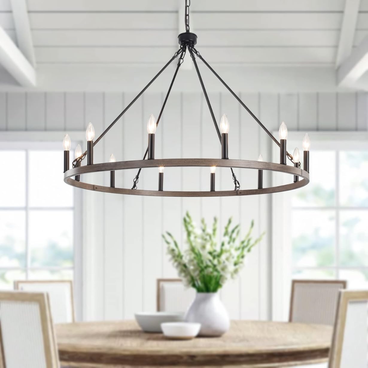 ANKYLHUA Wagon Wheel Chandelier-12 Light,38 Inch Chandeliers for Dining Room Light Fixture,Black and Metal Faux Wood Farmhouse Kitchen Light Fixtures for Living Room/Bedroom/Entryway