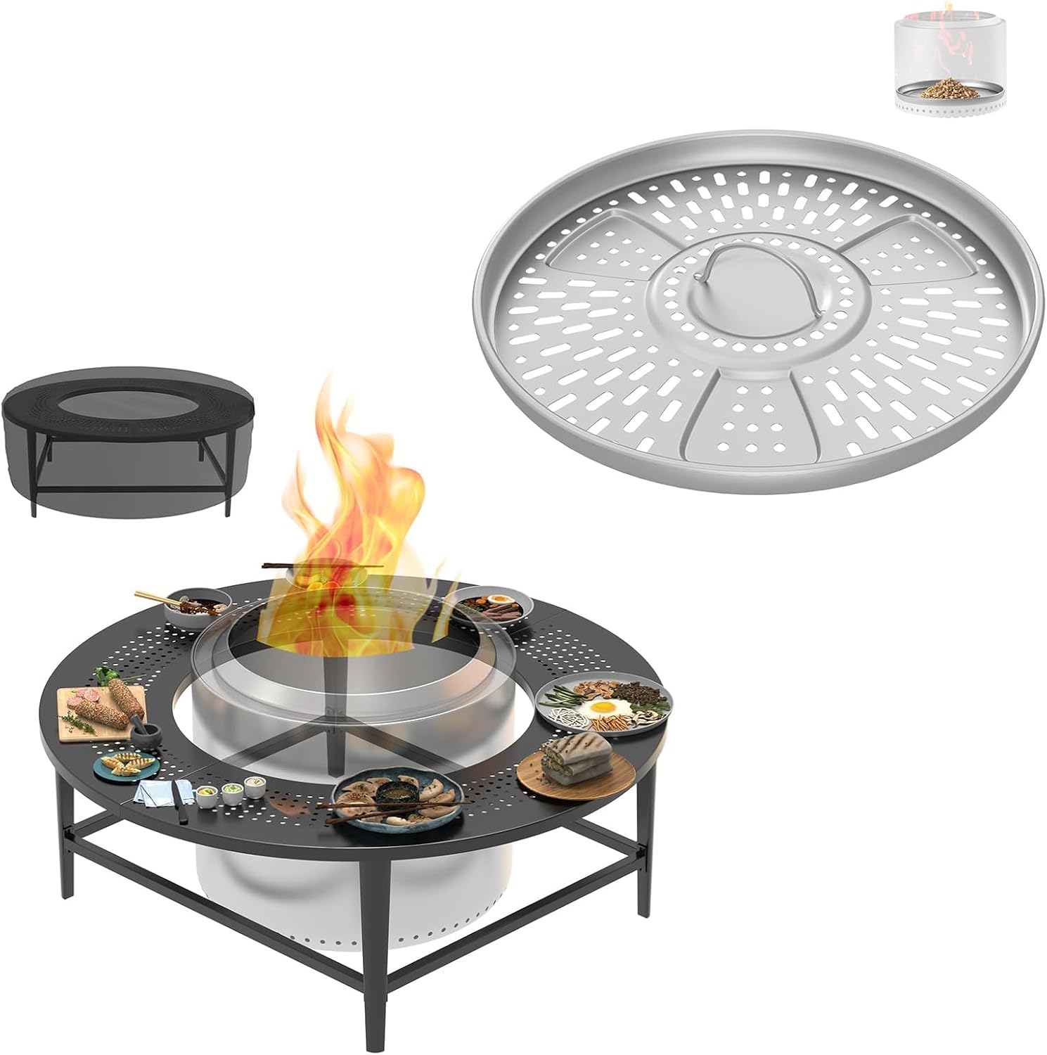 Fire Pit Surround Tabletop and Pellet Adapter for Solo Stove Yukon, 27 inch Outdoor Smokeless Fire Pit Table for Wood Burning Fire Pits, Powder-Coated Steel Stove Table Surround for Solo Stove