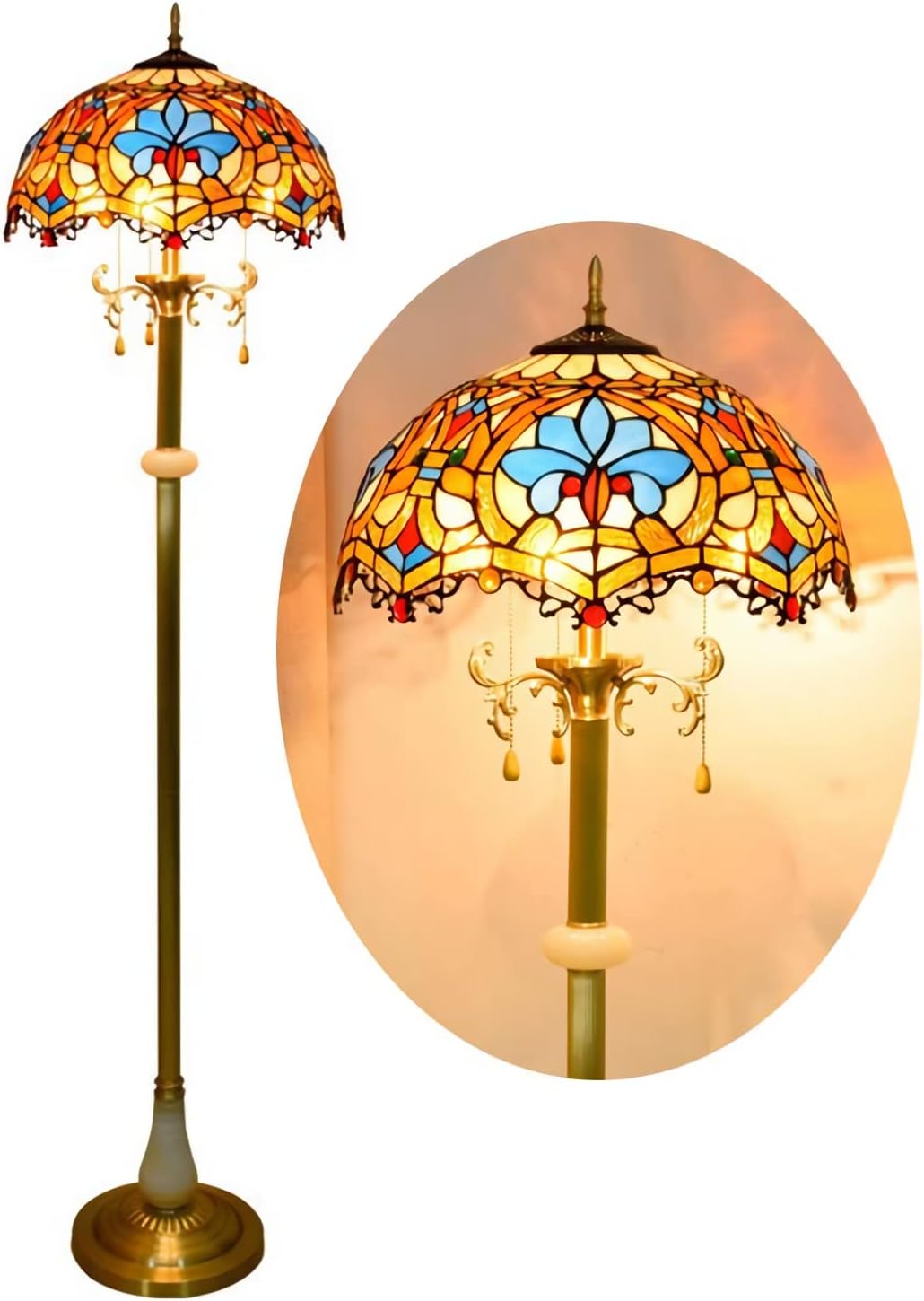 Tiffany-Style Baroque-Style Floor Lamp, 16 Inch Stained Glass Readlight, Vintage All Copper Base Standlamp for Bedroom Office