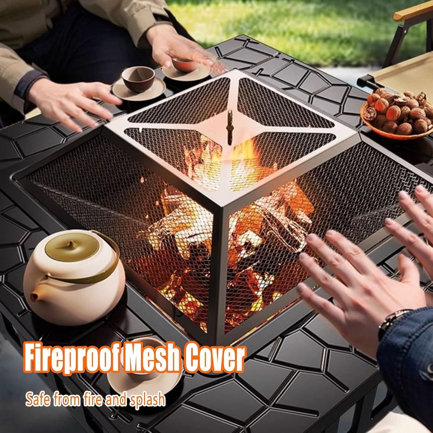TemkIN Patio Fire Pit, 3 in 1 Square Fire Pits & Outdoor Fireplaces, with Cover & Rain Cover, Heavy Duty Outdoor Fire Pit for Outside Backyard Deck (Steel), Black