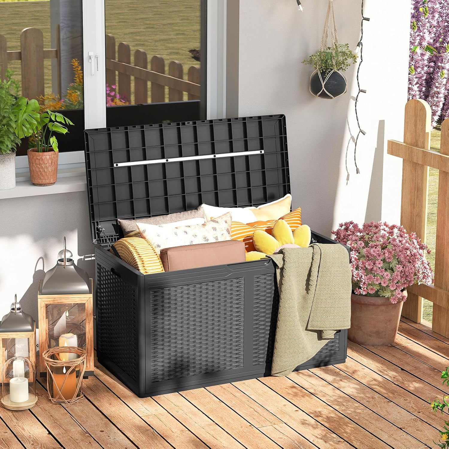 Moccha 100-Gallon Outdoor Storage Box - Waterproof Resin Deck Box with Lockable Lid & Wheels, Faux Rattan Outdoor Storage Bench for Pool Accessories, Garden Tool, Patio Furniture Cushion (Grey)