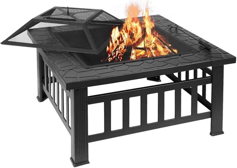 Garden Fire Pit Grill Bowl Grill Barbecue Rack Outdoor Fire Pit, Metal Fire Bowl BBQ Grill Table with Mesh Spark Screen Cover for Patio Backyard Beach Picnic Camping Etc