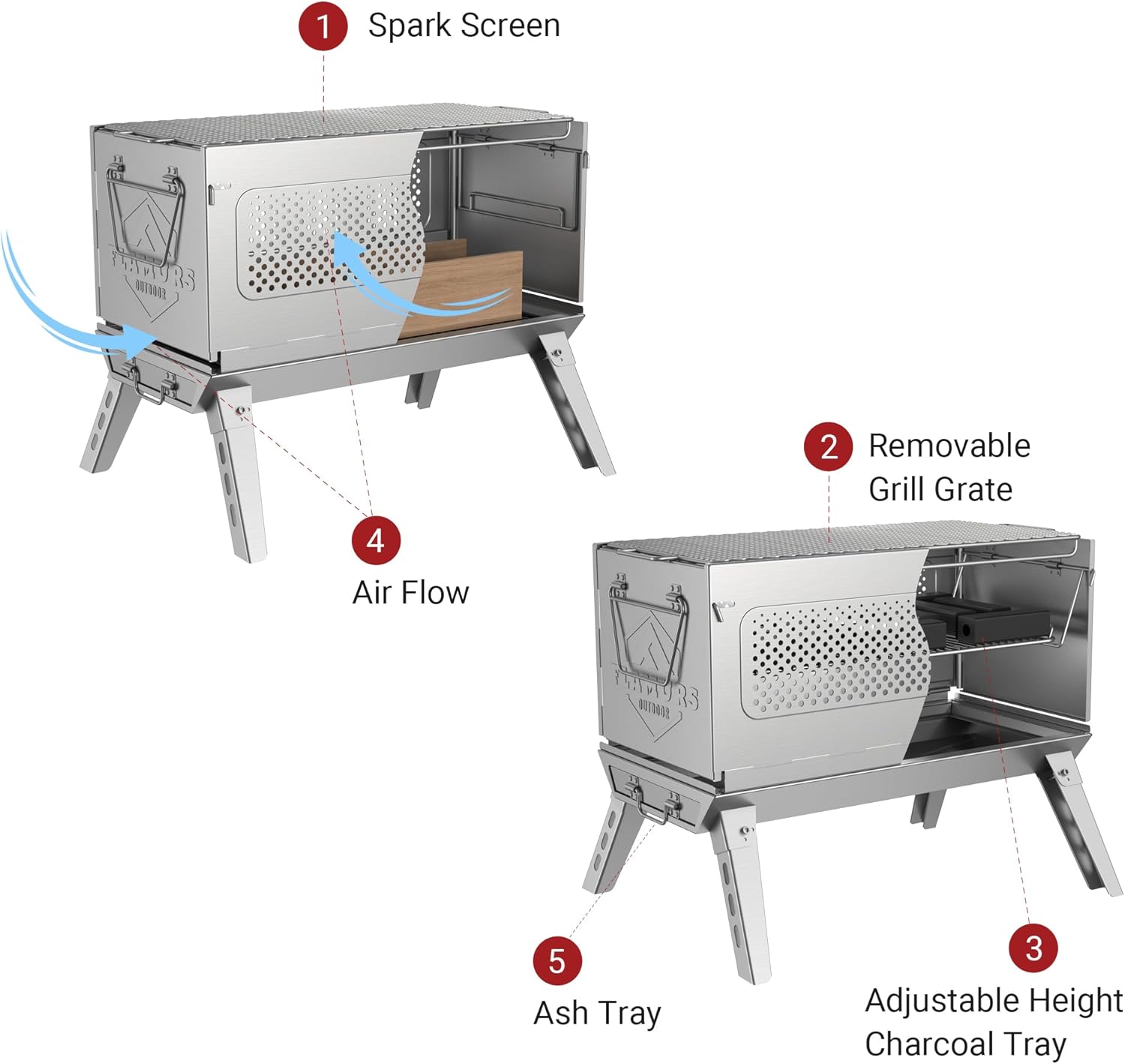 20-Inch Smokeless Fire Pits for Outdoor - Portable & Easy to Assemble - Stainless Steel FirePit with Grill, Removable Ash Pan & Carry Bag. Ideal for Camping Backyard, Patio Garden Picnic BBQ