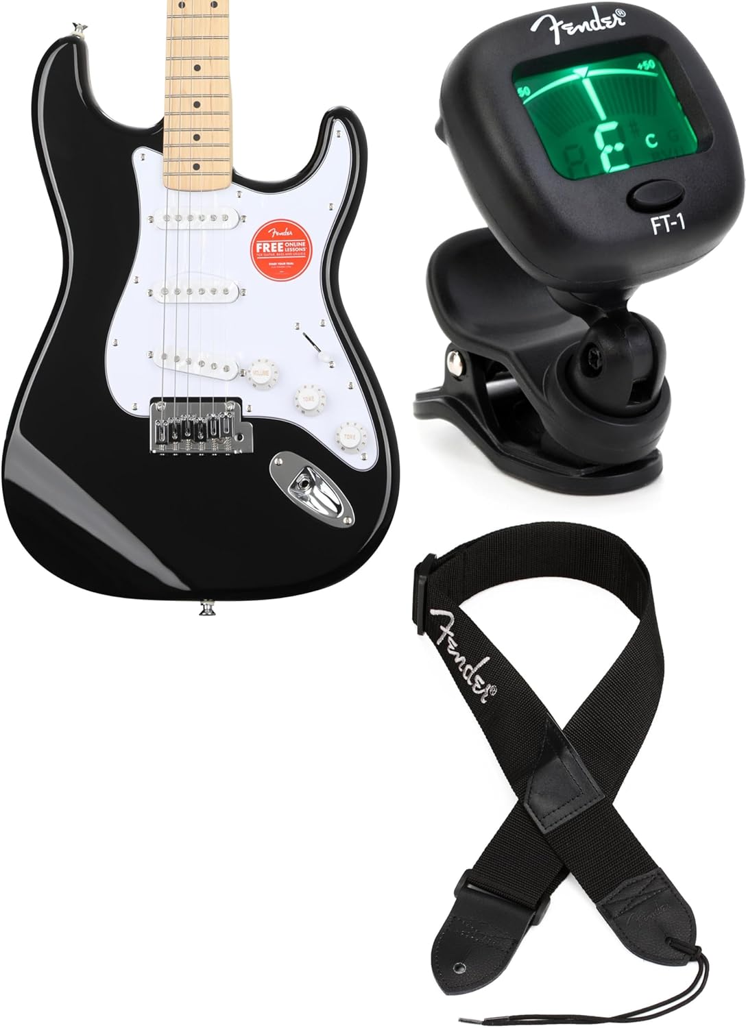 Fender Squier Affinity Series Stratocaster Electric Guitar - Black with Maple Fingerboard, Includes Guitar Tuner and Strap, Ideal for Beginners and Intermediate Players, Lightweight and Durable Design