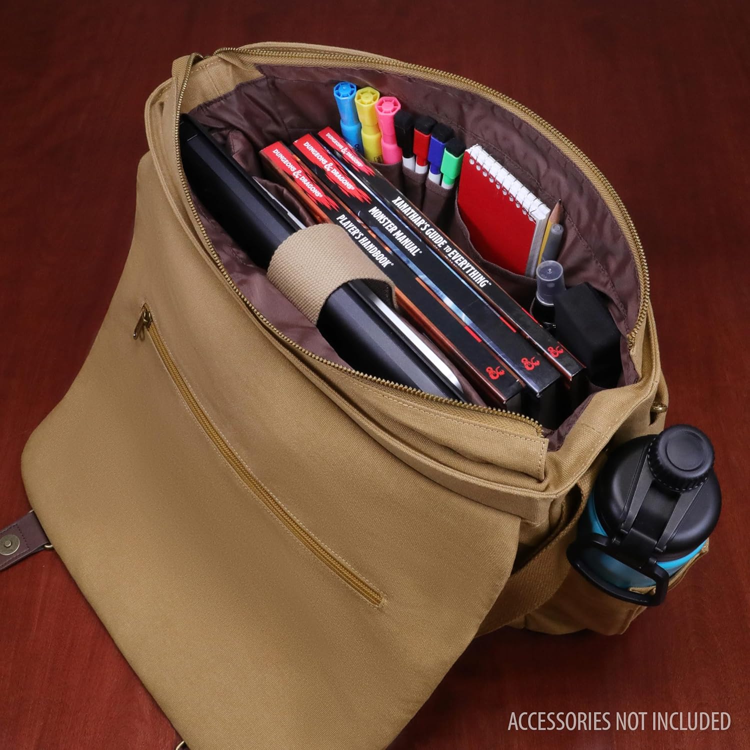 ENHANCE Venture DND Bag - Canvas RPG Player's Essentials Dungeons and Dragons Canvas Messenger Bag with Vegan Leather Accents Fits 2-4 Books, Dice & Accessories, with 17 inch Laptop Slot (Khaki)