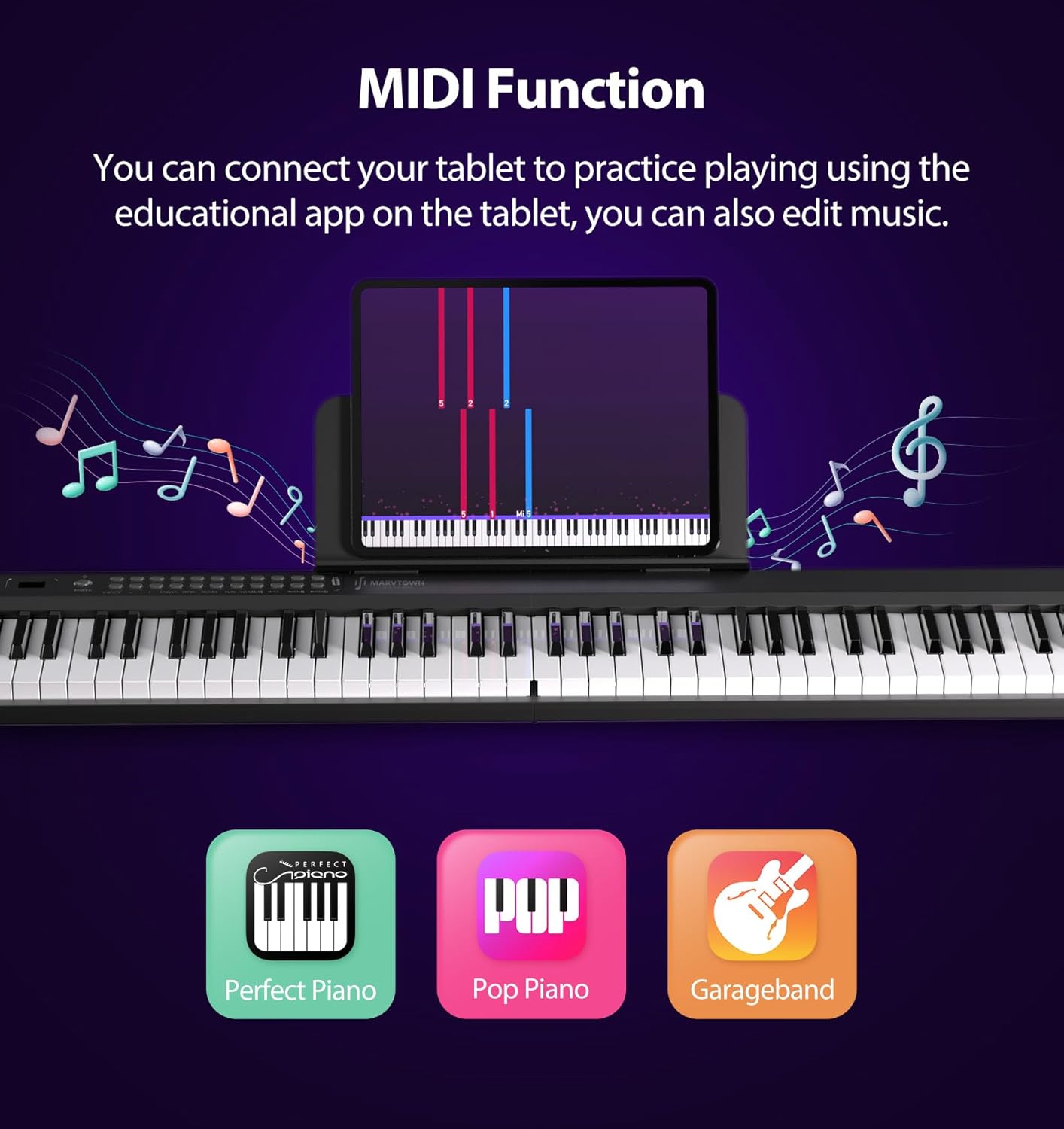 MARVTOWN Portable Folding Piano Keyboard, 88 Semi-Weighted Full Size Keys, Foldable Digital Piano, Electronic Keyboard Piano w/MIDI Bluetooth&two speakers,Rechargeable Electric Keyboard Beginner