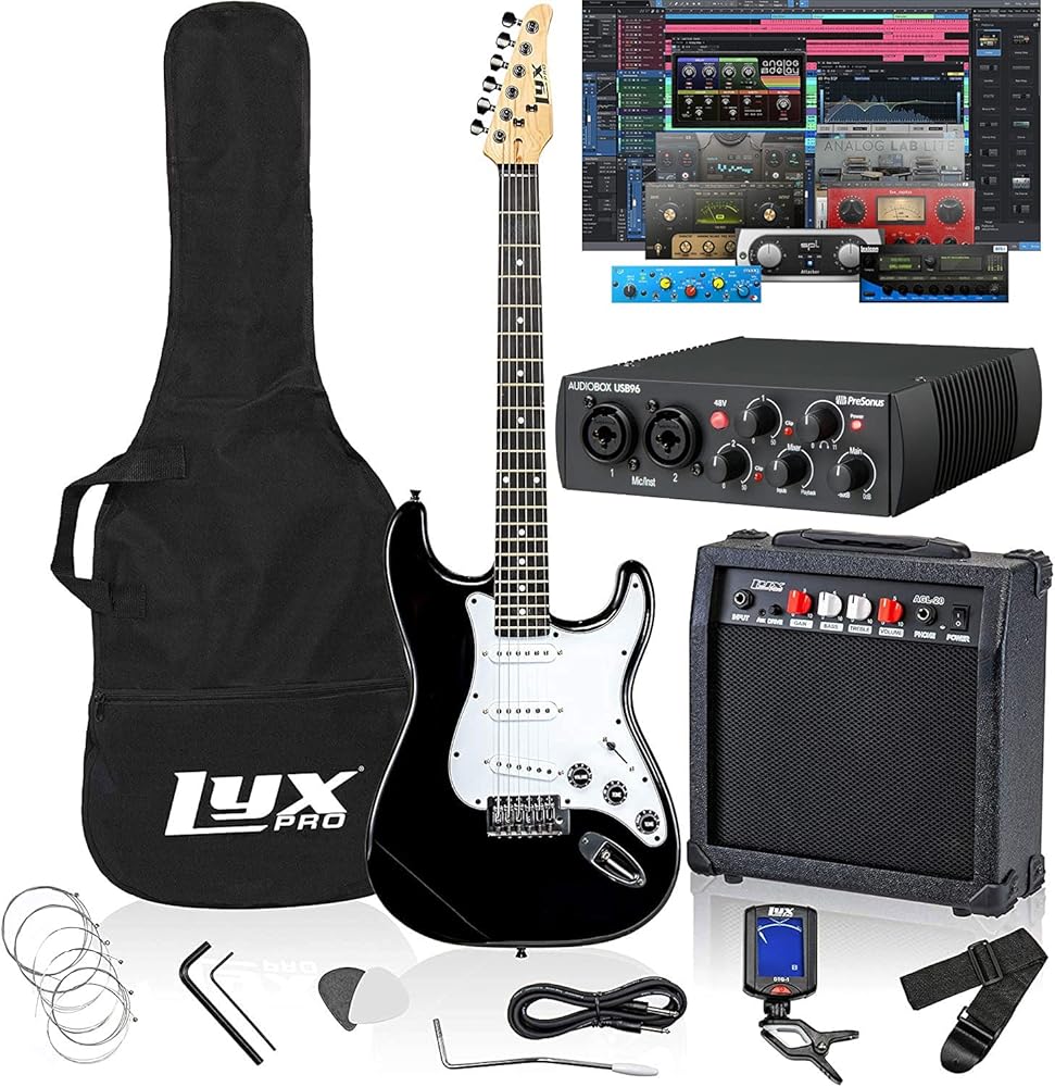 LyxPro Full Size Electric Guitar Black with 20w Amp Package with Presonus AudioBox 96 USB 2.0 Audio Interface Studio Bundle with Studio One Artist Software Pack