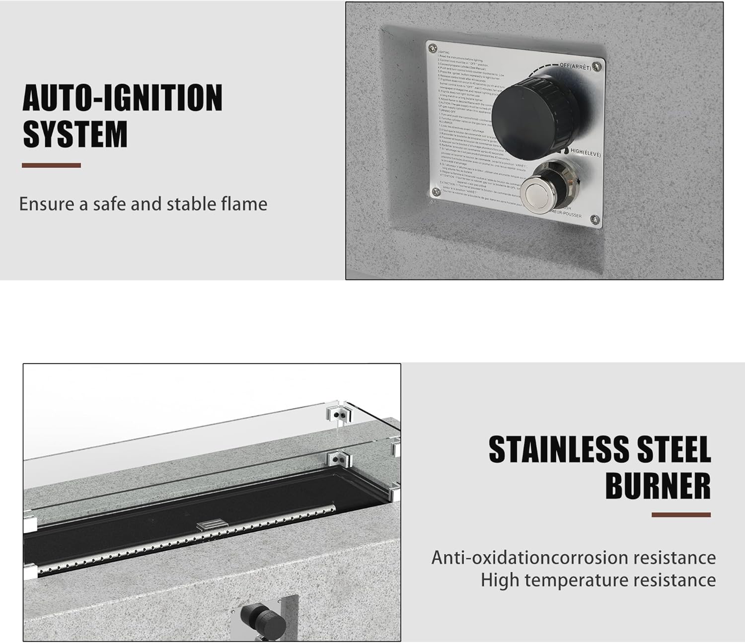 3-Piece Concrete Outdoor Propane Gas Fire Pit Table, Rectangular Outdoor Propane Fire Pit Table with Tank, Stainless Steel Burner, Wind Guard, Rain Cover for Outdoor Garden, Pool (56IN)