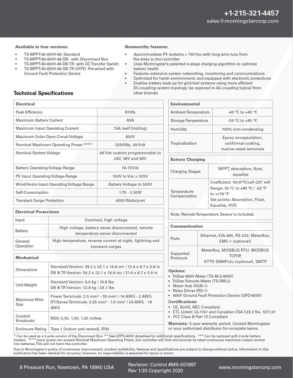 Morningstar Tristar MPPT 600V Solar Charge Controller w/ Disconnect Box (TS-MPPT-60-600V-48-DB) - Intelligent High Voltage Solar Panel Regulator for LA/Li Batt., 97.9% Effic., Data/Comms, 5 Yr. WTY
