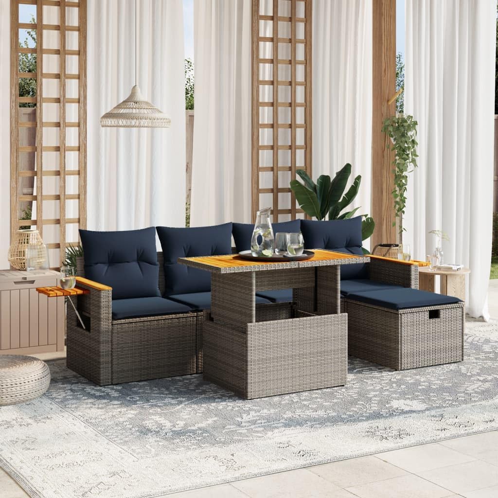 6 Piece Patio Sofa Set with Cushions, Gray Poly Rattan Outdoor Furniture, Adjustable Table, Modular Design for Backyard Terrace