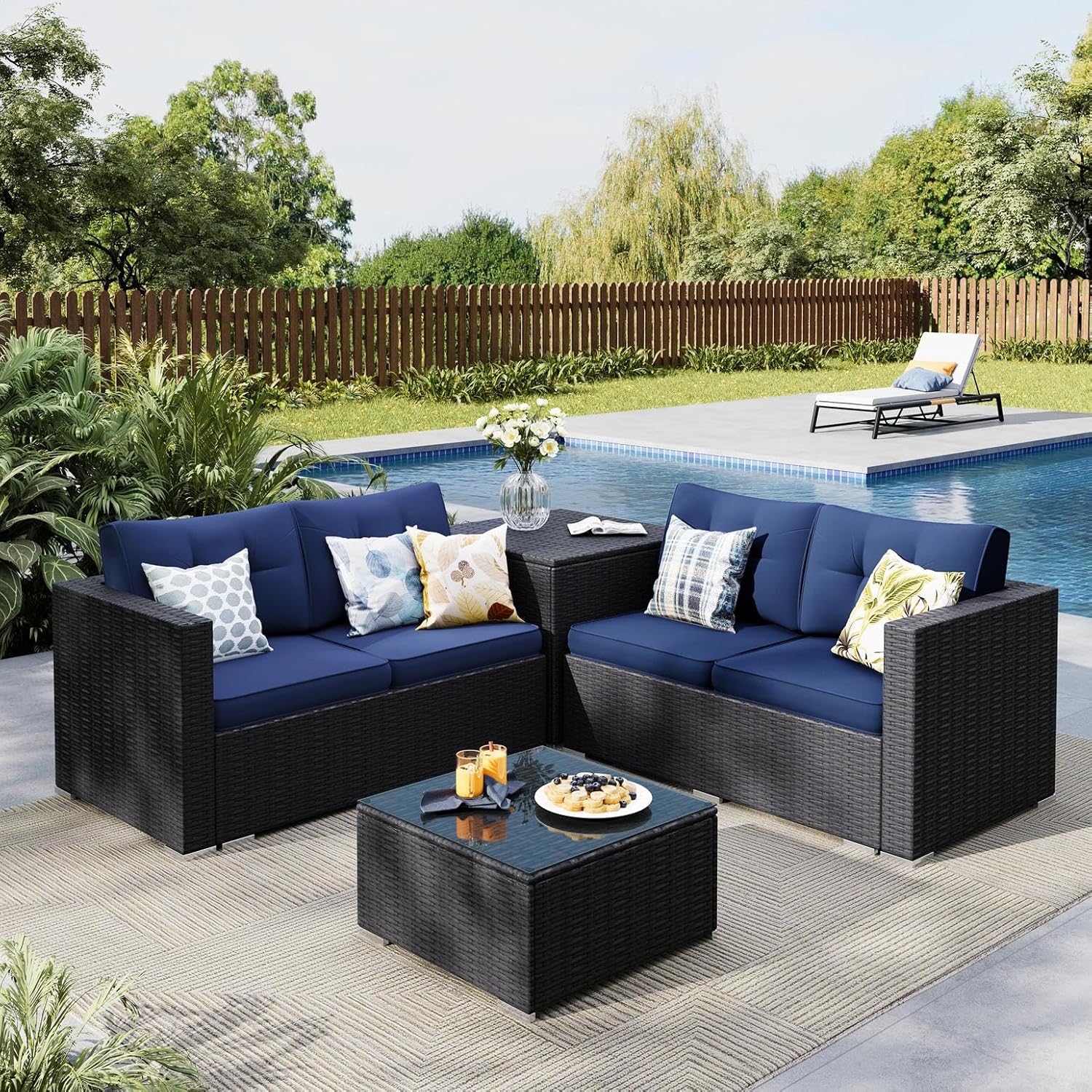 MFSTUDIO 4 Piece Wicker Patio Furniture Set, L Shaped Small Rattan Patio Sectional Sofa Couch Outdoor Conversation Sets with Navy Blue Cushions, Storage Box, Glass Coffee Table for Garden, Backyard