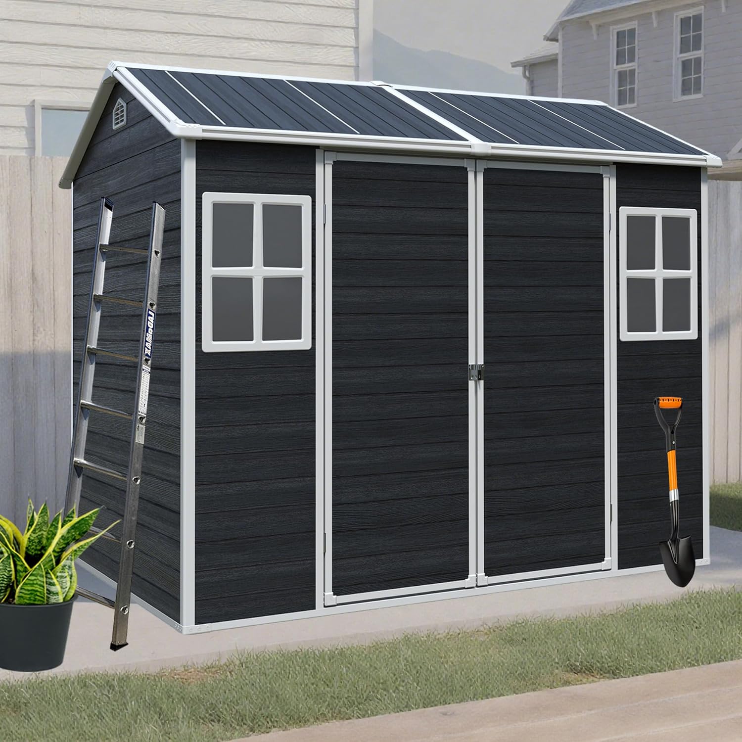 Storage Shed 8x4 ft Outdoor Resin Shed with Floor, Plastic Sheds with Two Windows and Lockable Double Door, Waterproof Garden Shed with Vents, Tool Sheds for Backyard, Patio, Lawn, Black