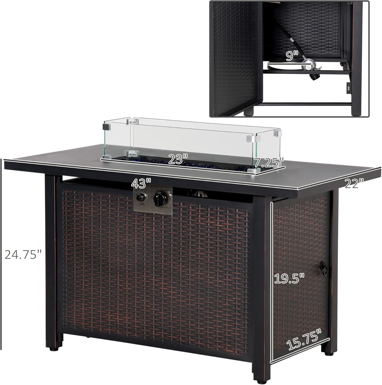 Outsunny 43 Inch Outdoor Propane Gas Fire Pit Table, 50,000 BTU Auto-Ignition Rectangular Wicker-Effect Gas Firepit with Glass Wind Guard, Lid, Glass Beads, Steel Base, CSA Certification, Bronze