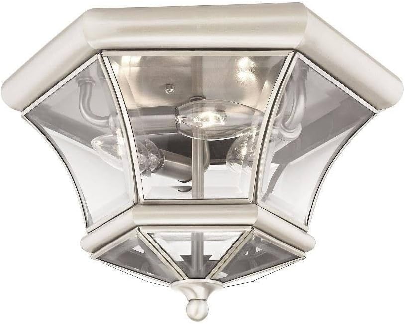 Livex Lighting 7053-91 Monterey 3 Light Outdoor/Indoor Brushed Nickel Finish Solid Brass Flush Mount with Clear Beveled Glass