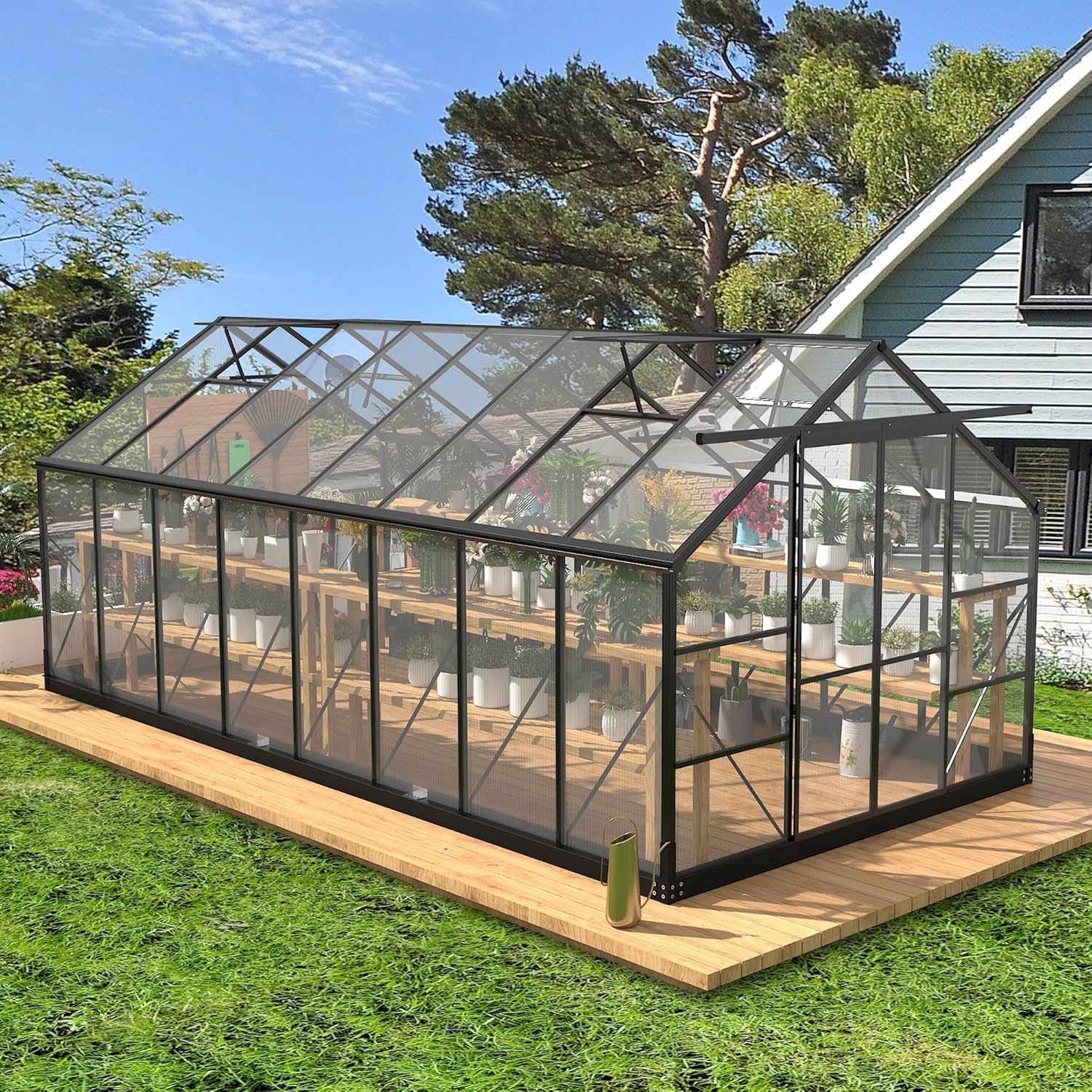 Polycarbonate Greenhouses, 8x16 FT Green Houses for Outside with 4 Adjustable Roof Vents, Walk-in Aluminum Frame Greenhouse with Sliding Doors for Garden Backyard (8X16FT)