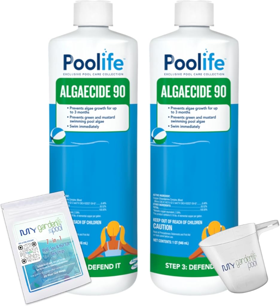Poolife Algaecide 90 – Long-Lasting Copper Pool Algaecide for Green, Black & Mustard Algae – 90-Day Protection – Includes 7-in-1 Test Strips, Measuring Cup & Pool-IQ AI Assistant 2 Pack