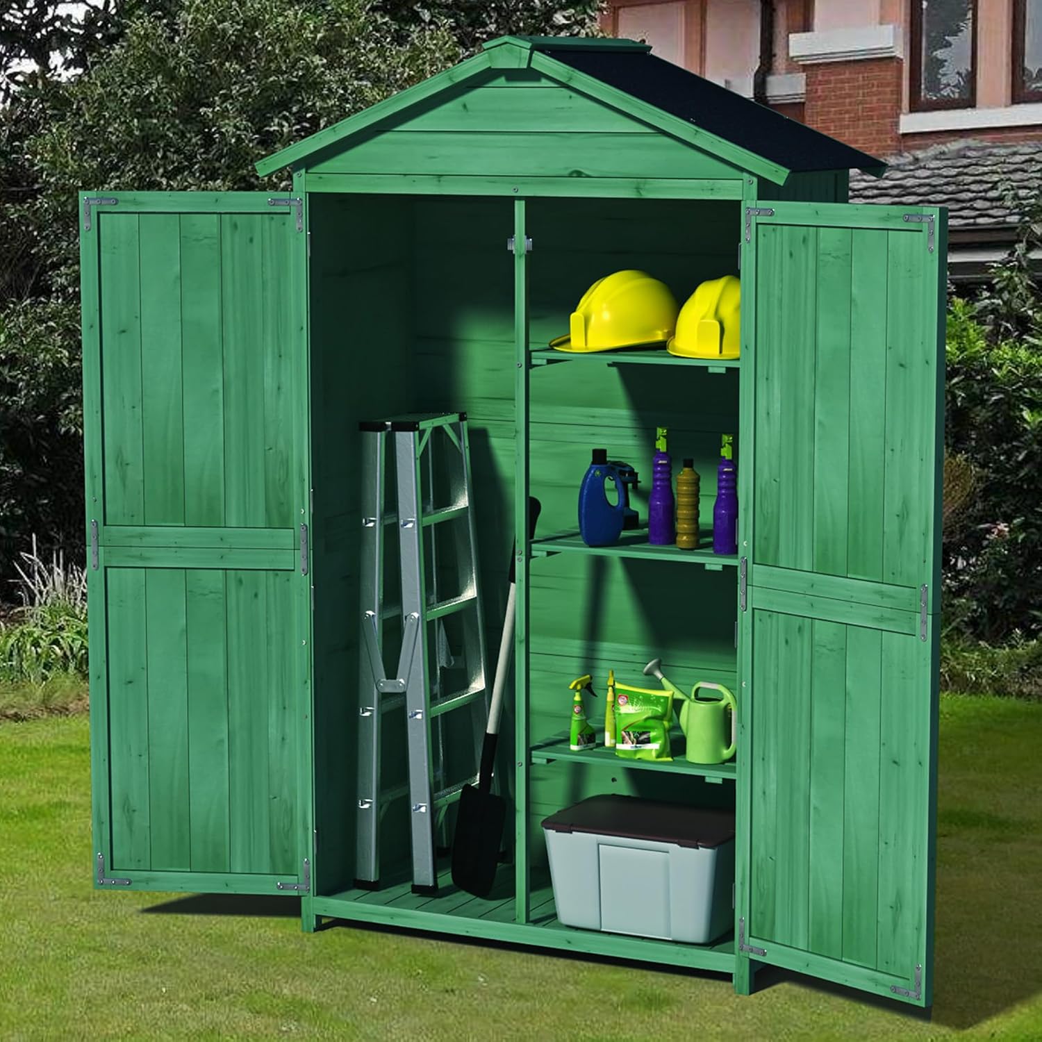 66“ H Outdoor Sheds Storage with Floor, Garden Sheds & Outdoor Storage for Patio Yard Lawn, Green Backyard Shed with 3 Detachable Shelves, Lockable, Asphalt Roof (Green)