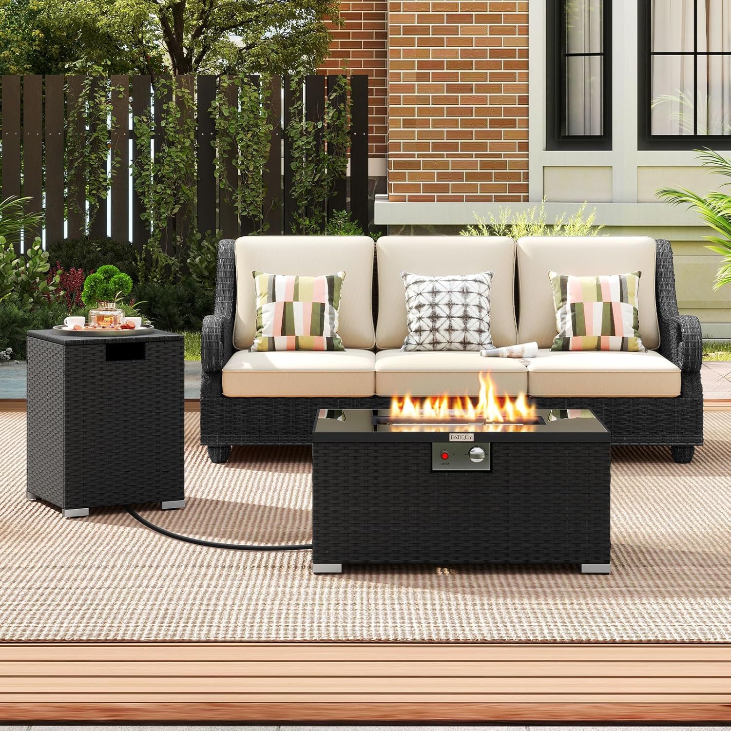 Tangkula 2 Piece Propane Fire Pit Table Set with Tank Cover, Outdoor Rattan Gas Firepit with Lid, Tempered Glass Tabletop, Protective Cover, 40,000 BTU Rectangle Fire Table Set for Outside (Black)
