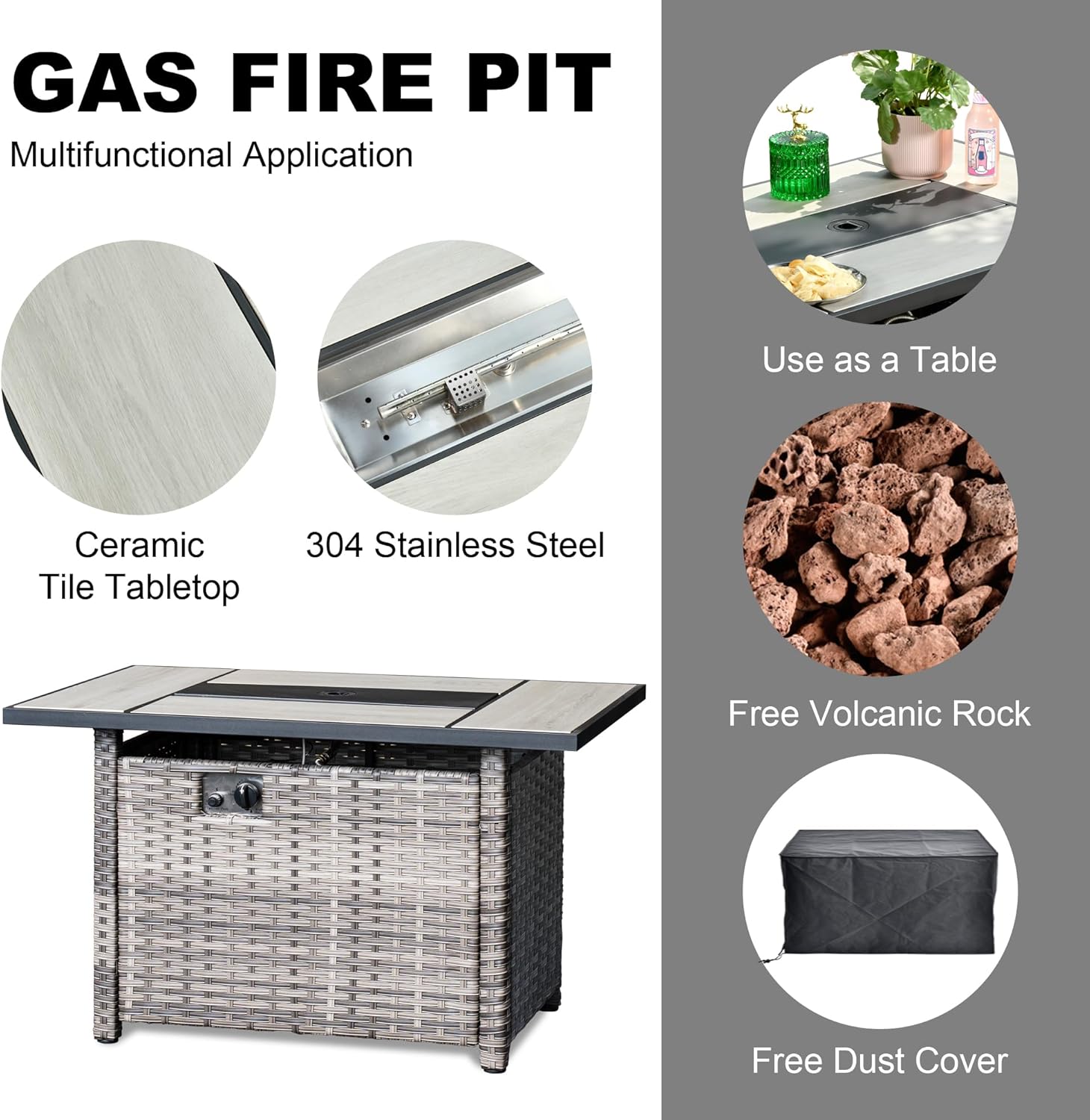 HOOOWOOO Outdoor Patio Furniture Set with Large Propane Fire Pit Table,8 Piece Modern Wicker Sofa Couch Set w Swivel Chair, Outside Weather Resistant Conversation Seating Set w Tile Back(Black)