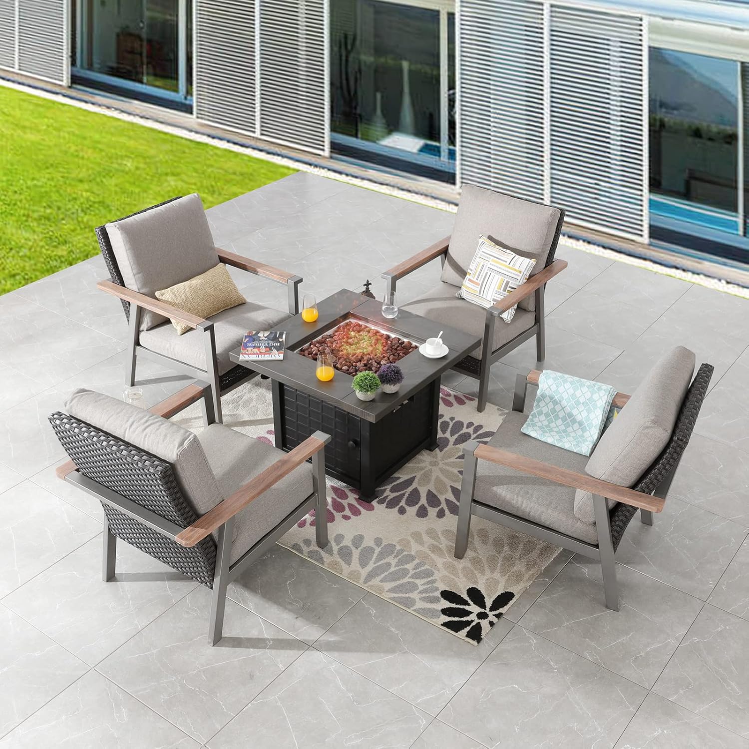 Fire Pit Table Set of Propane Fire Table and 4 Wicker Chairs with Thick Cushions and Rattan Back for Grey