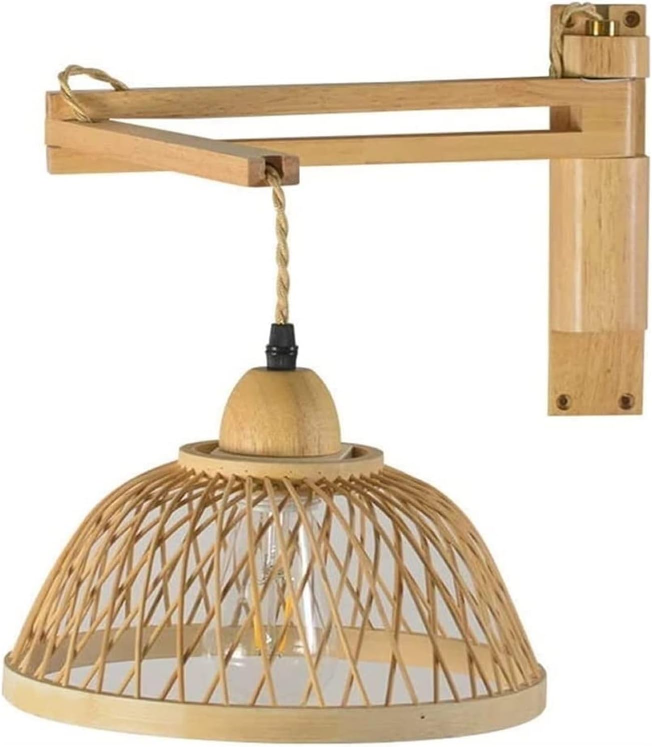 Dome Bamboo Shade Vintage Wood Wall Sconce Adjustable Wall Mount Light Swing Arm Farmhouse Lighting Fixture E27 Sconces for Living BedHallway