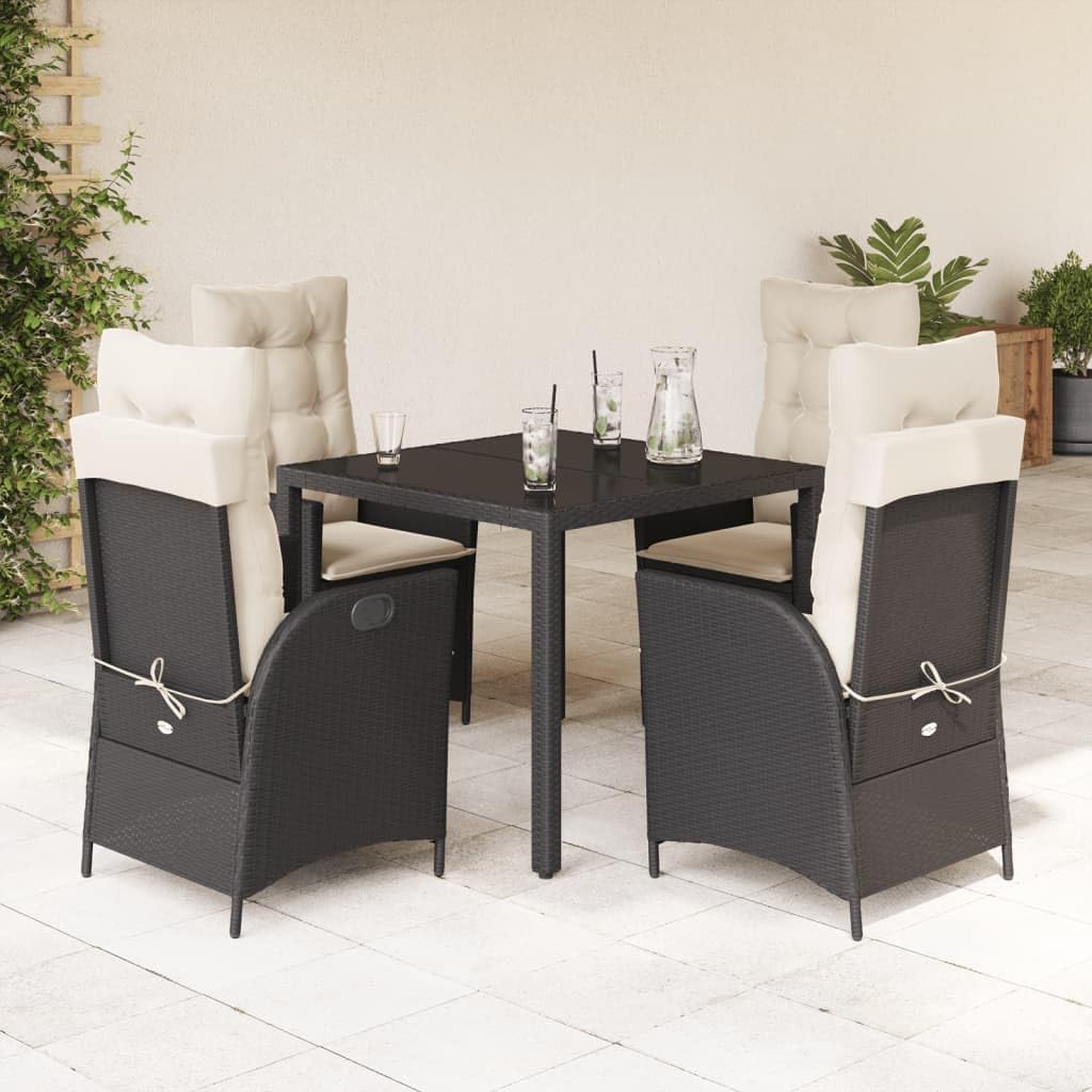 5 Piece Patio Dining Set with Cushions Black Poly Rattan,Outdoor Dining Set with Adjustable Backrests and Cushions for Garden, Backyard, and Patio Patio Furniture Sets, Outdoor Furniture Sets