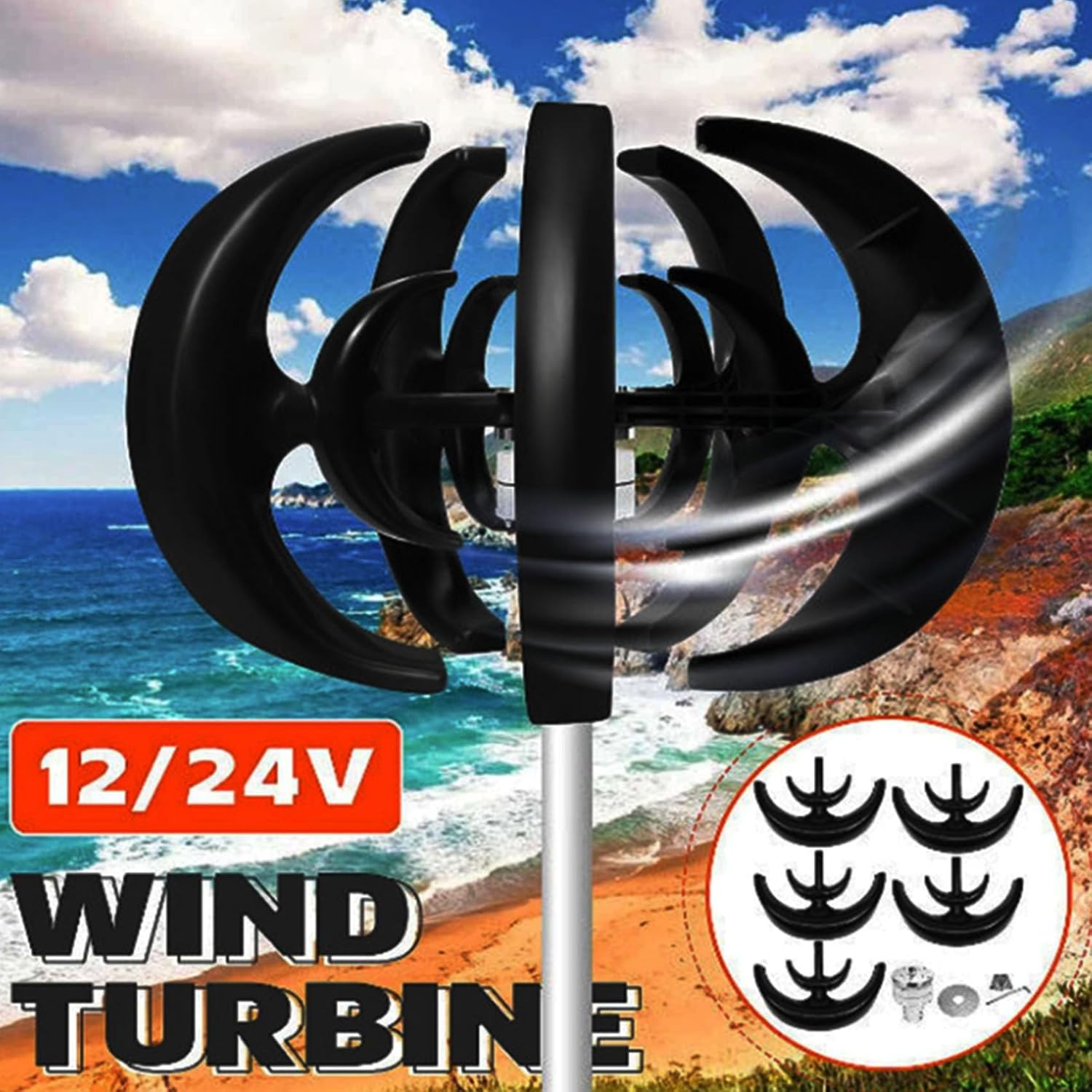 6000W Black Wind Turbine Generator, 12V 24V 48V Wind Vertical Axis Generator with Controller, 5 Blade Wind Turbine Generator Kit for Boat, Patio, Cabin